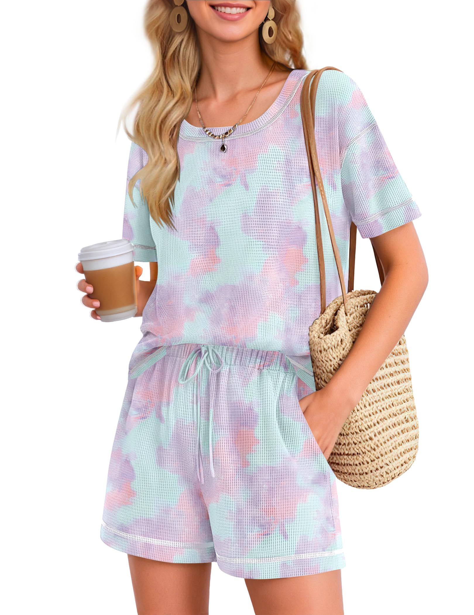 Ekouaer Women Lounge Set 2 Piece Waffle Knit Pajama Set Matching Outfits Shorts Set Comfy Sleepwear Loungewear with Pockets