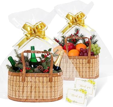 2 Set 35 20 15cm Baskets for Gifts Empty, Large Woven Bamboo Gift Basket with Handles - Foldable Gift Baskets for Baby Shower, Christmas, Housewarming & Mother's Day
