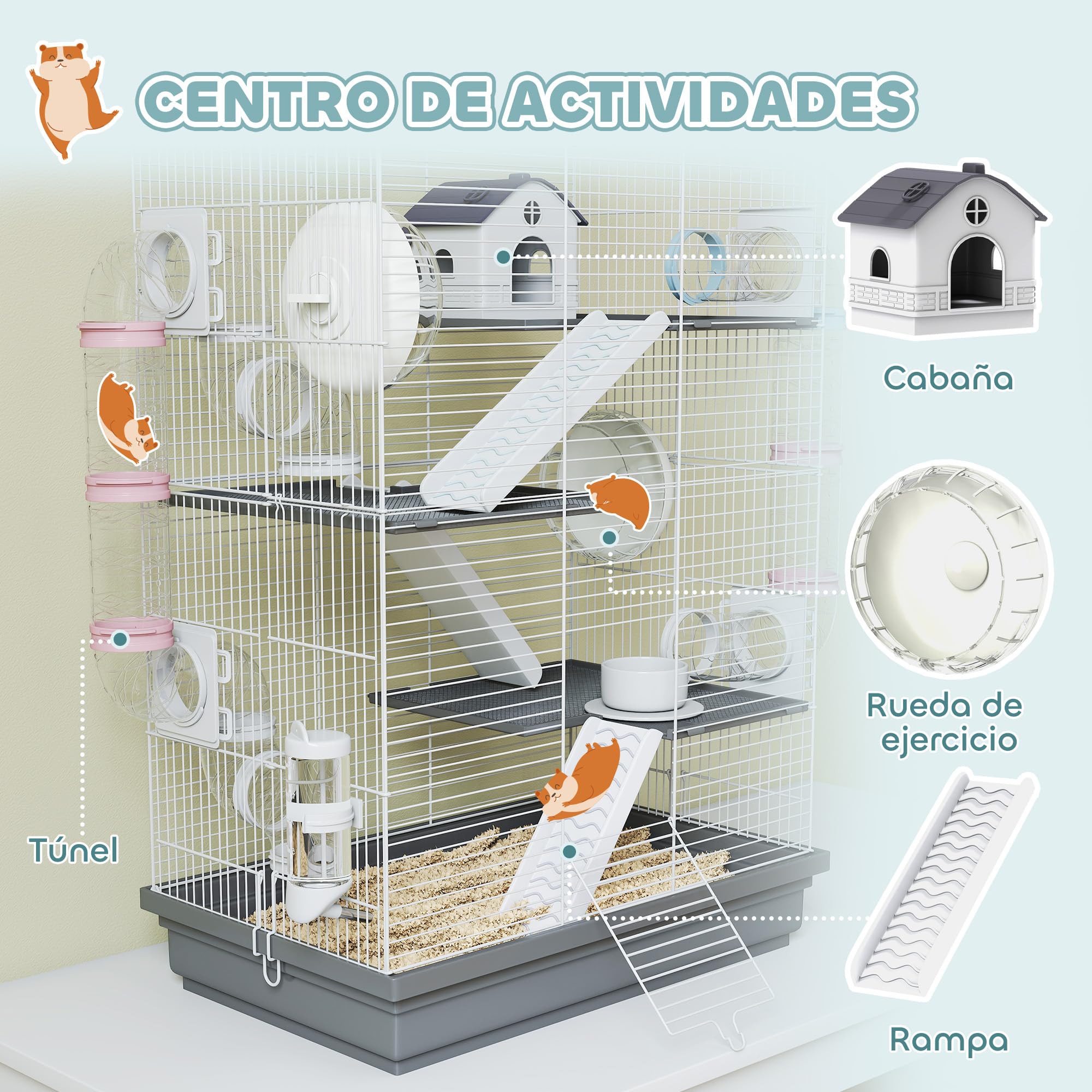 PawHut Jaula para Hámster, 47x30x70 cm, Casa para Animales Pequeños con Túnel, Plataformas, Cuenco, Bebedero, Casita, Rampas y Rueda de Ejercicio, para Hámsteres Enanos, Jerbos, Gris
