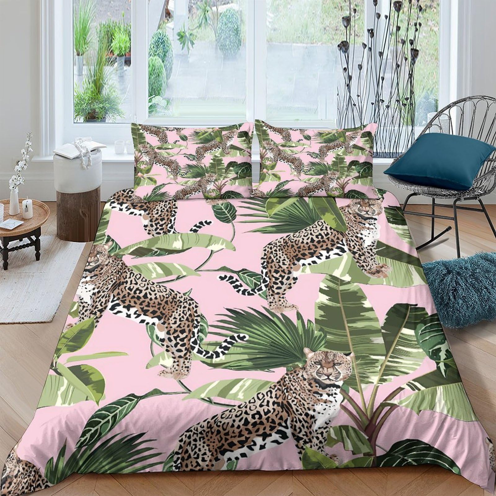 Ctjqhvkz Style-5 3D Printed Pink Jungle Leopard Fitted Sheet Microfiber Soft Green Tropical Leaves Bed Cover For Bedroom Guest Room Decor Single（135X200cm）