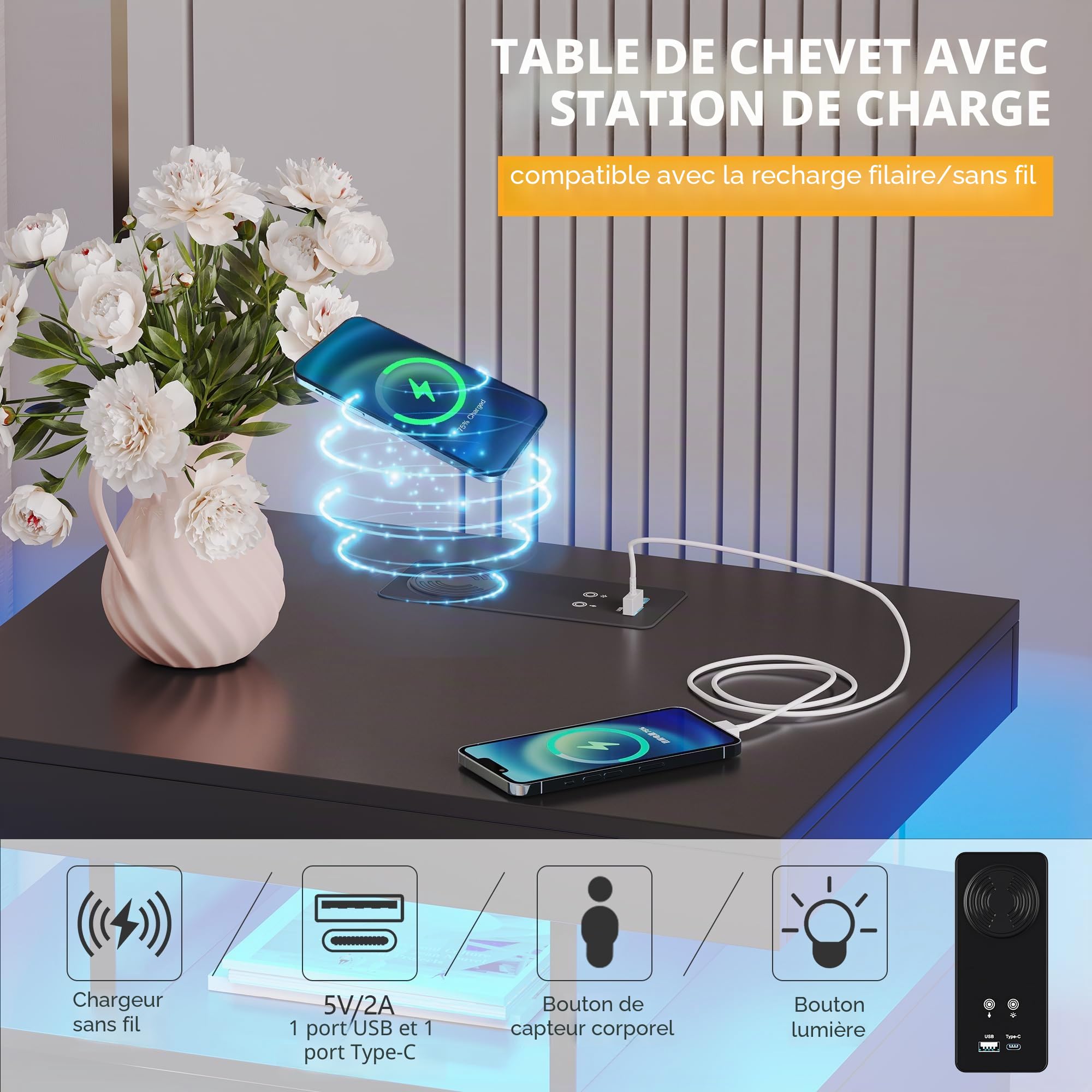 Vlsrka LED Table de Chevet avec Station de Charge & USB | Table de Nuit Intelligente avec 3 couleurs d'éclairage, Moderne Chevet de lit bois avec 2 tiroirs, Chambre à Coucher, Noir