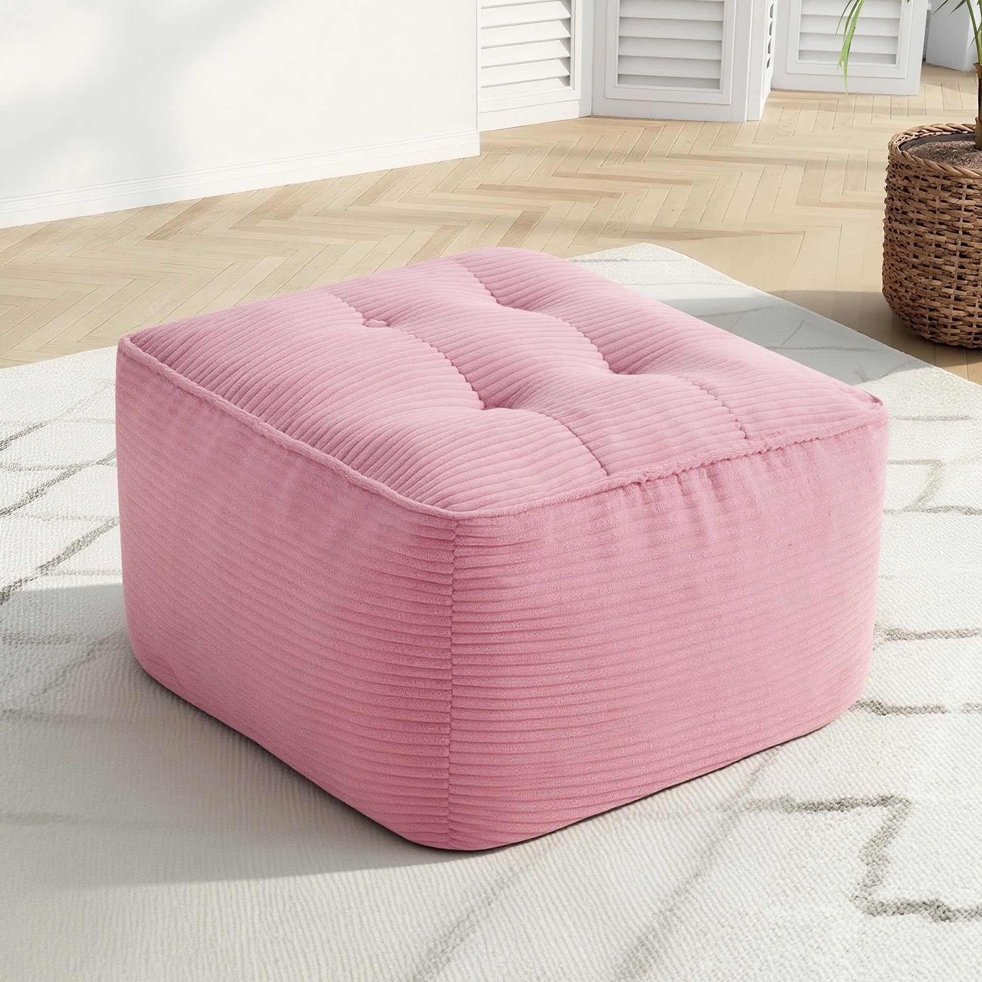 Square Stuffed Pouf Ottoman, Corduroy Oversize Foot Rest,Pink