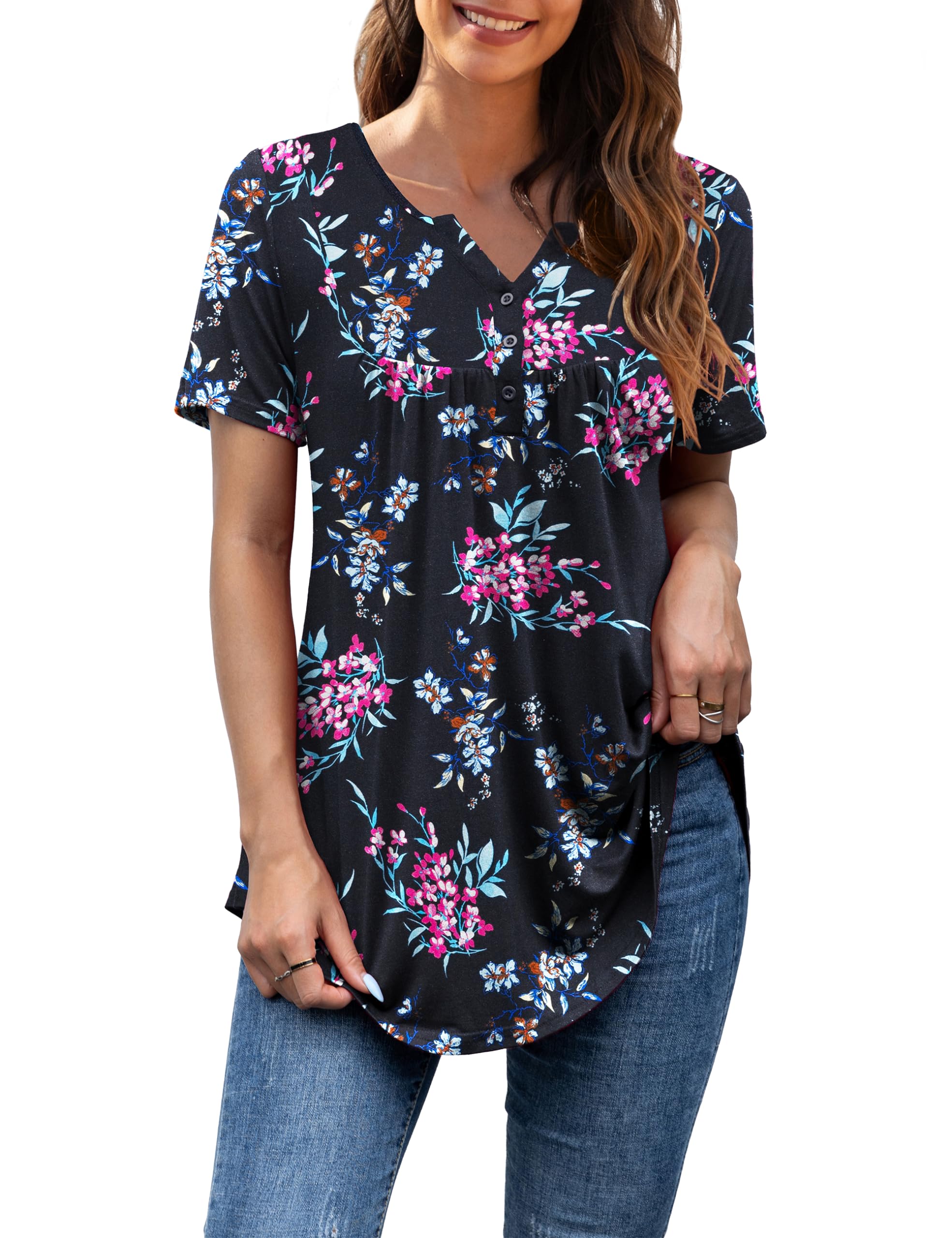 Othyroce Women's Plus Size Tops Summer Blouses Henley V Neck Short Sleeve T-Shirt Cute Party Top Tees