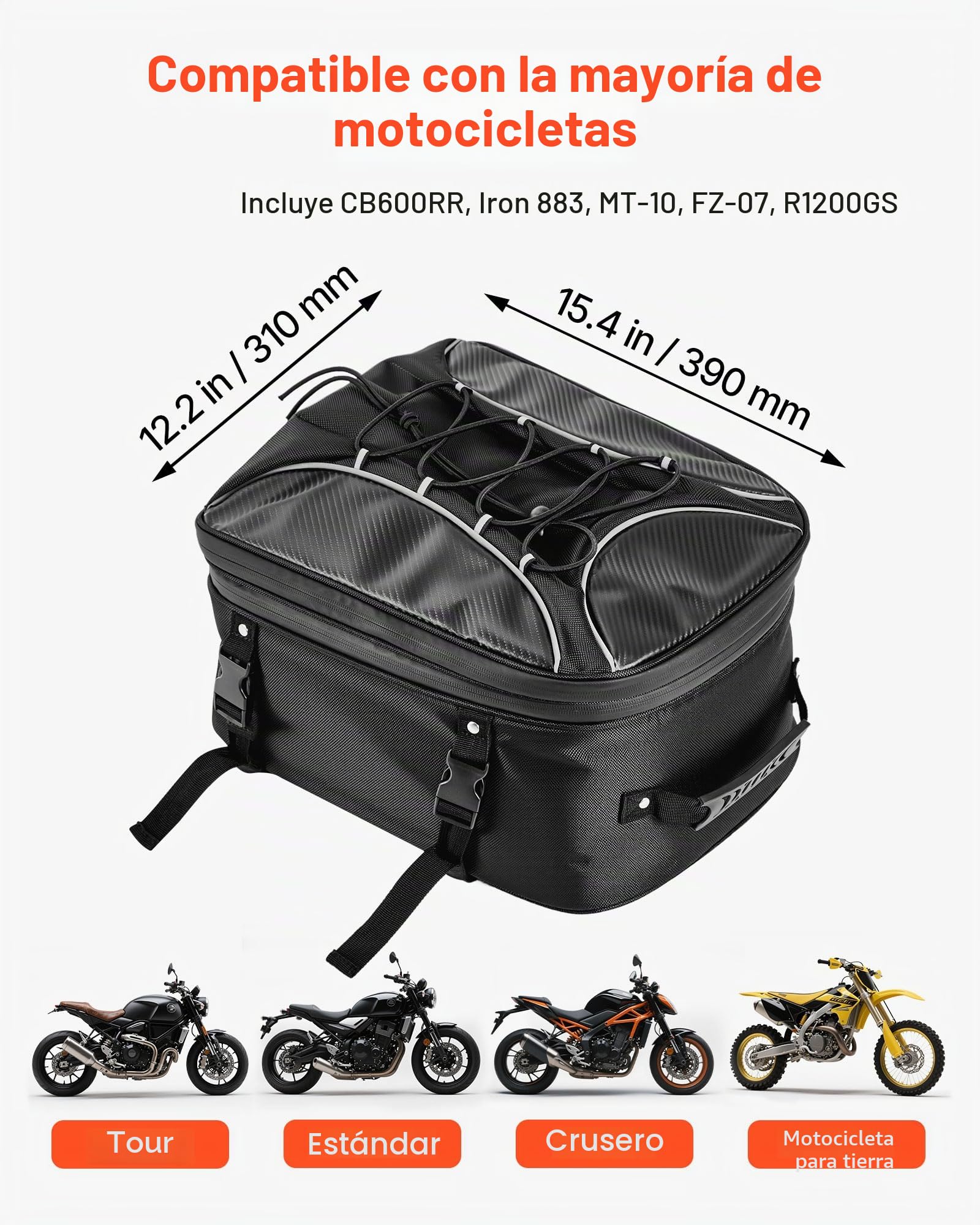 VEVOR Bolsa Trasera a Asiento de Motocicleta 22-34 L, con Funda Impermeable para Lluvia, para Portaequipajes, con Correas y Cordón Elástico, Tela Oxford 1680D Cuero PU, 390 x 310 x 295 mm, Negro