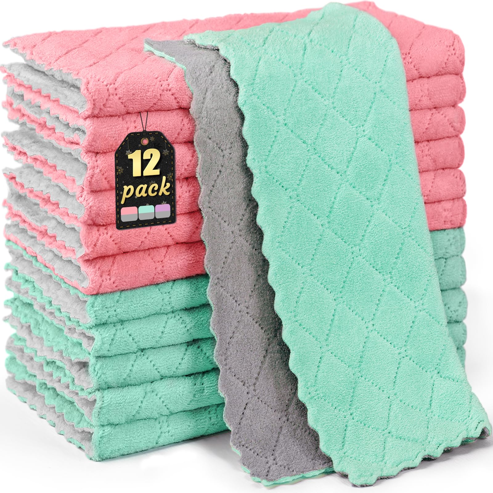 Buedm Gray,Green,Pink 12 Pack Kitchen Cloth Dish Towels, 12X12 Inch Soft Premium Dishcloths, Absorbent Microfiber Cleaning Cloth For Cleaning Dishes, Kitchen, Bathroom, Car