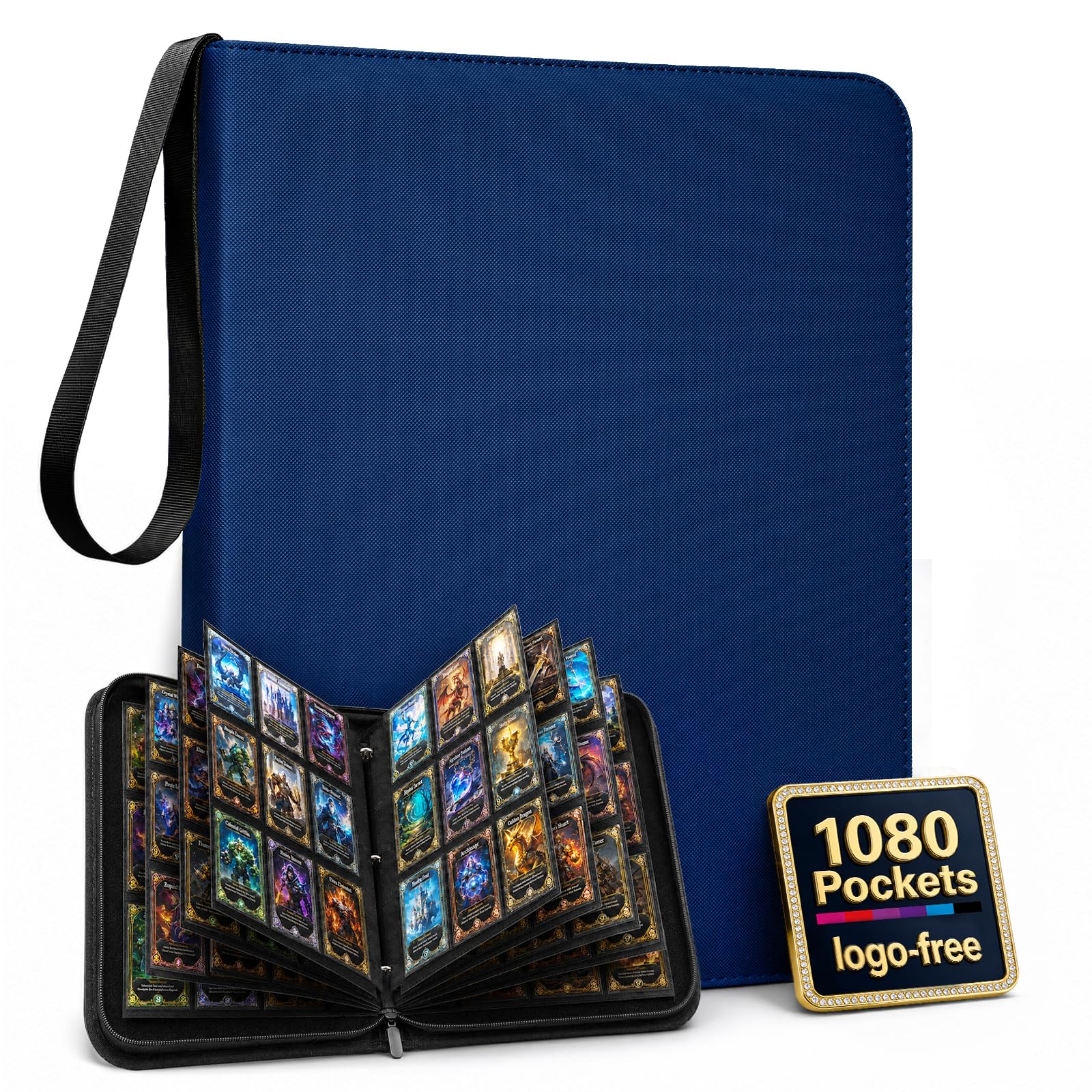 Raccoglitore a 9 tasche per carte collezionabili con cerniera, doppio lato, 990 tasche, in poliuretano, 55 pagine, per giochi da collezione, sport, TCG, blu navy