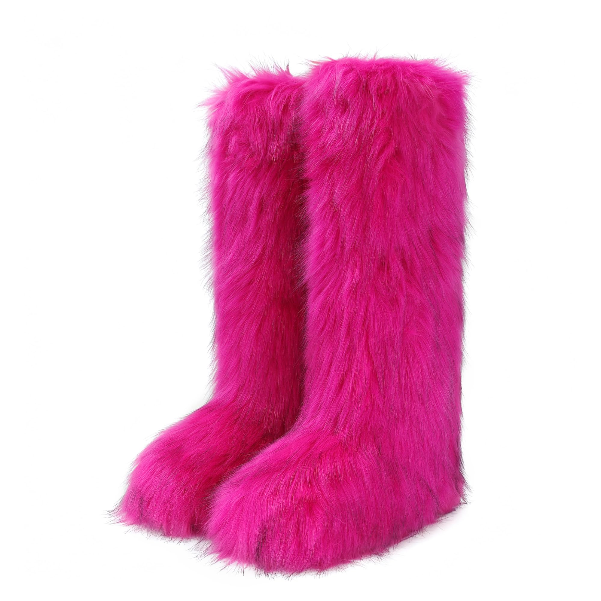 Fur Boots for Women Knee High Tall Long Furry Fuzzy Black Platform Snow Winter Round Toe Comfortable Mid-Calf