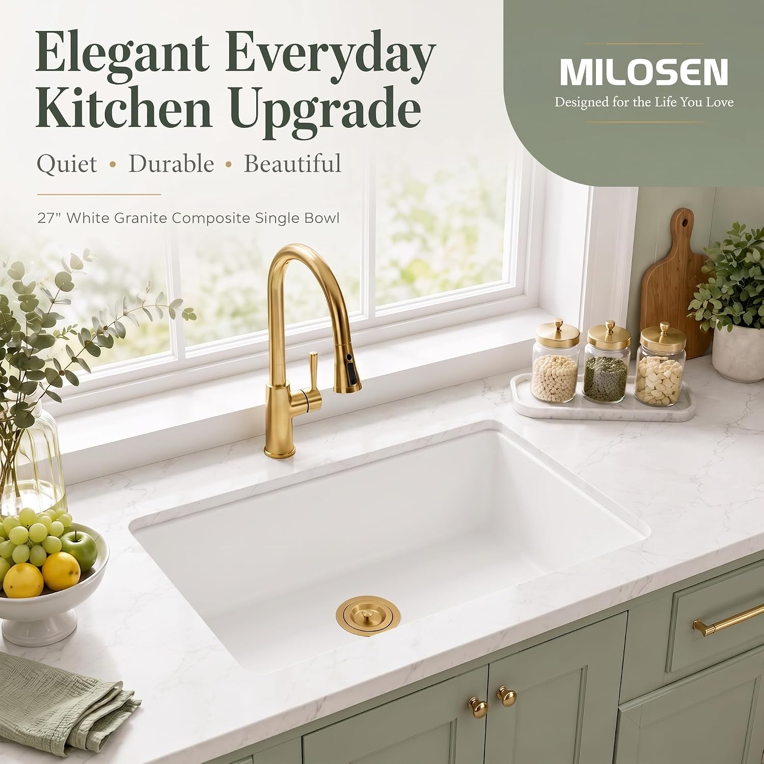 MILOSEN 27''x18''White Undermount or Drop In Granite Composite Kitchen Sink image 3