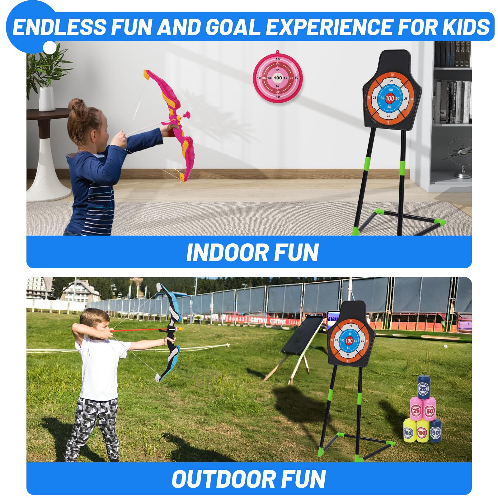 Arco y Flecha para Niños, Juego de Tiro con Arco Luz 2, Flechas a Ventosas 20, 3 Tipos de Objetivo y Soporte de Flecha 2, Juguetes Exterior para Niños 3 a 12 Años