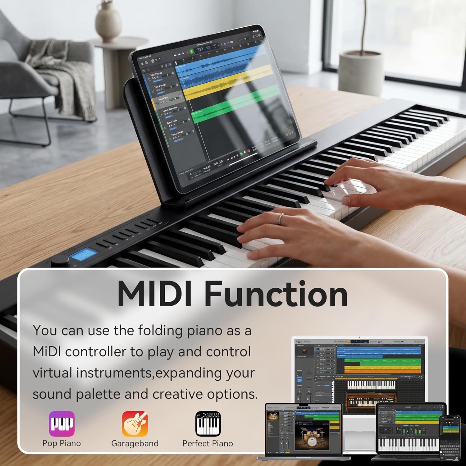 Carina Piano Keyboard, 88 Keys Full Size Semi Weighted Foldable Piano, Portable Electronic Keyboard Piano with Light Up Keys, Sustain Pedal, Keyboard Stickers, Music Stand and Piano Bag, Black