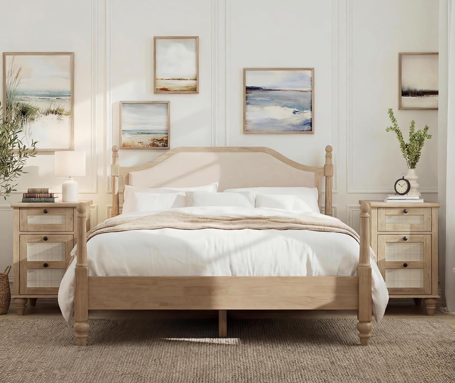 WAMPAT 3 Pieces Bedroom Set, Wood Bed Frame with Upholstered Headboard & 2 Rattan Nightstands with Charging Station, Farmhouse Queen Bedroom Furniture Sets for Bedroom, Oak