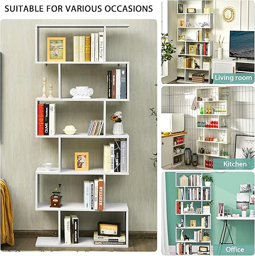 Miniatura 9 de Estantería de 6 niveles, estantería en forma de S con estantes de almacenamiento escalonados, estante de exhibición y divisor de habitación, Librero
