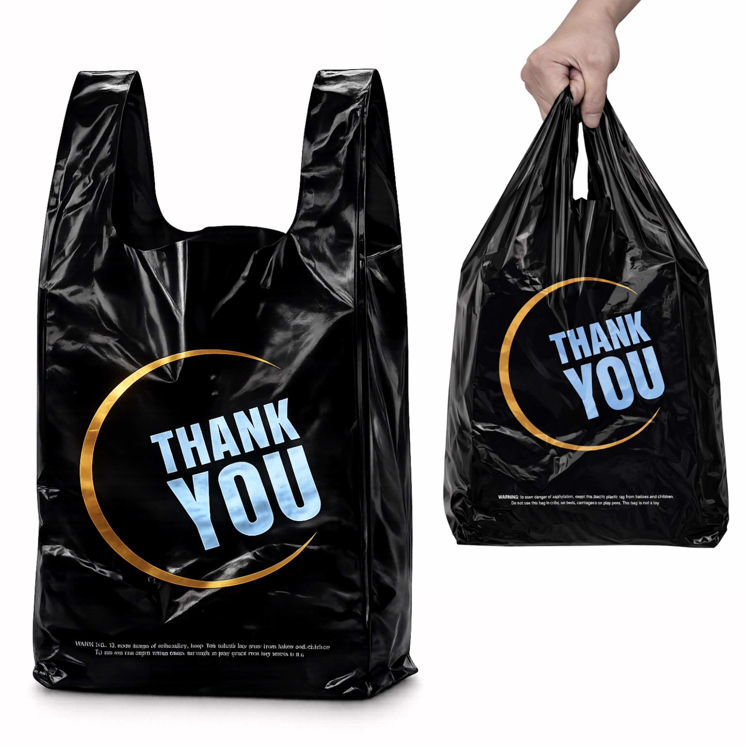 YoYoRain 100 Count Plastic Bags - Black T Shirt Bags with Handle for Retail Shopping and Supermarket Use