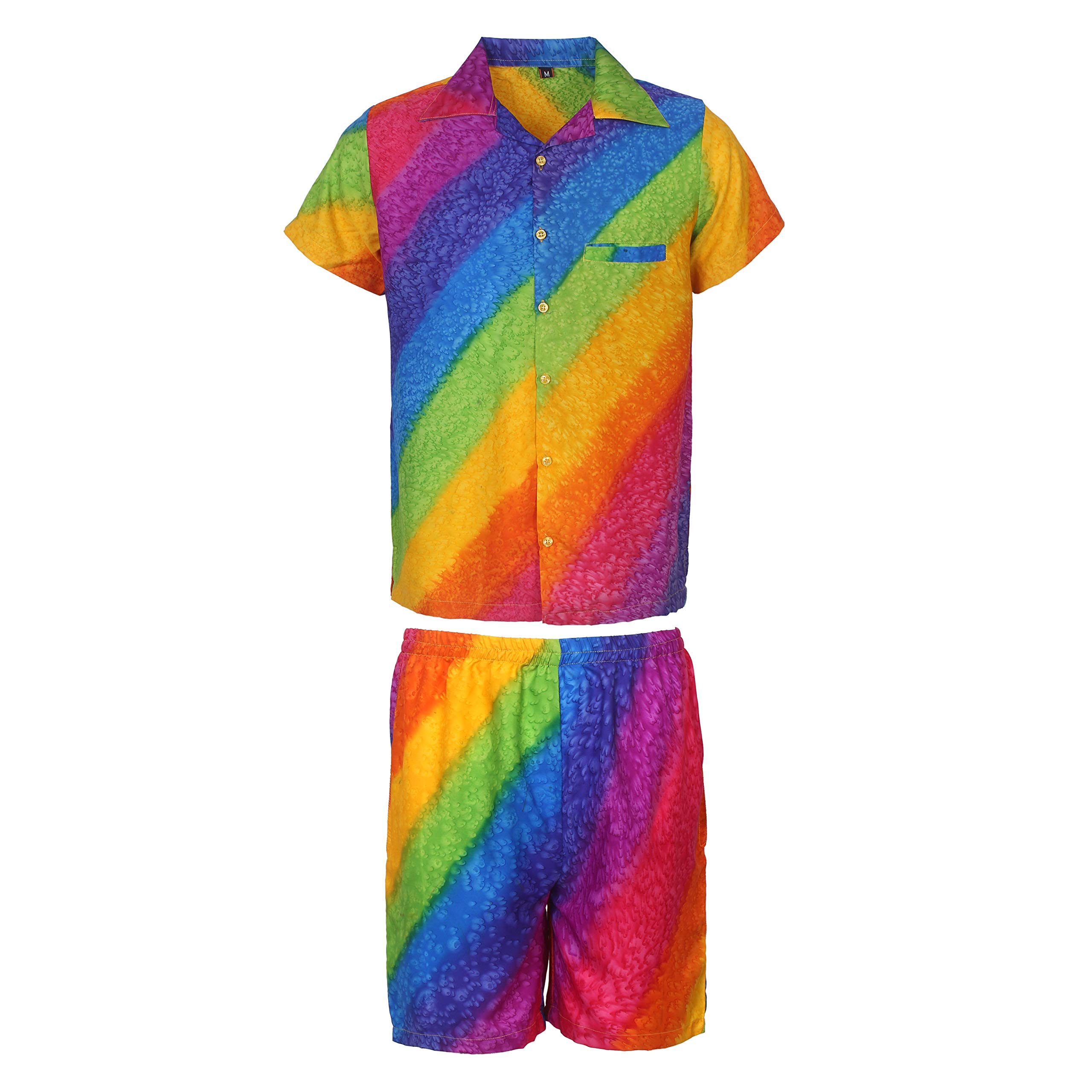 KIKLO Mens Hawaiian STAG Beach Hawaii Aloha Party Summer Holiday Fancy Shirt and Short Set (RAINBOW SET, XXL)