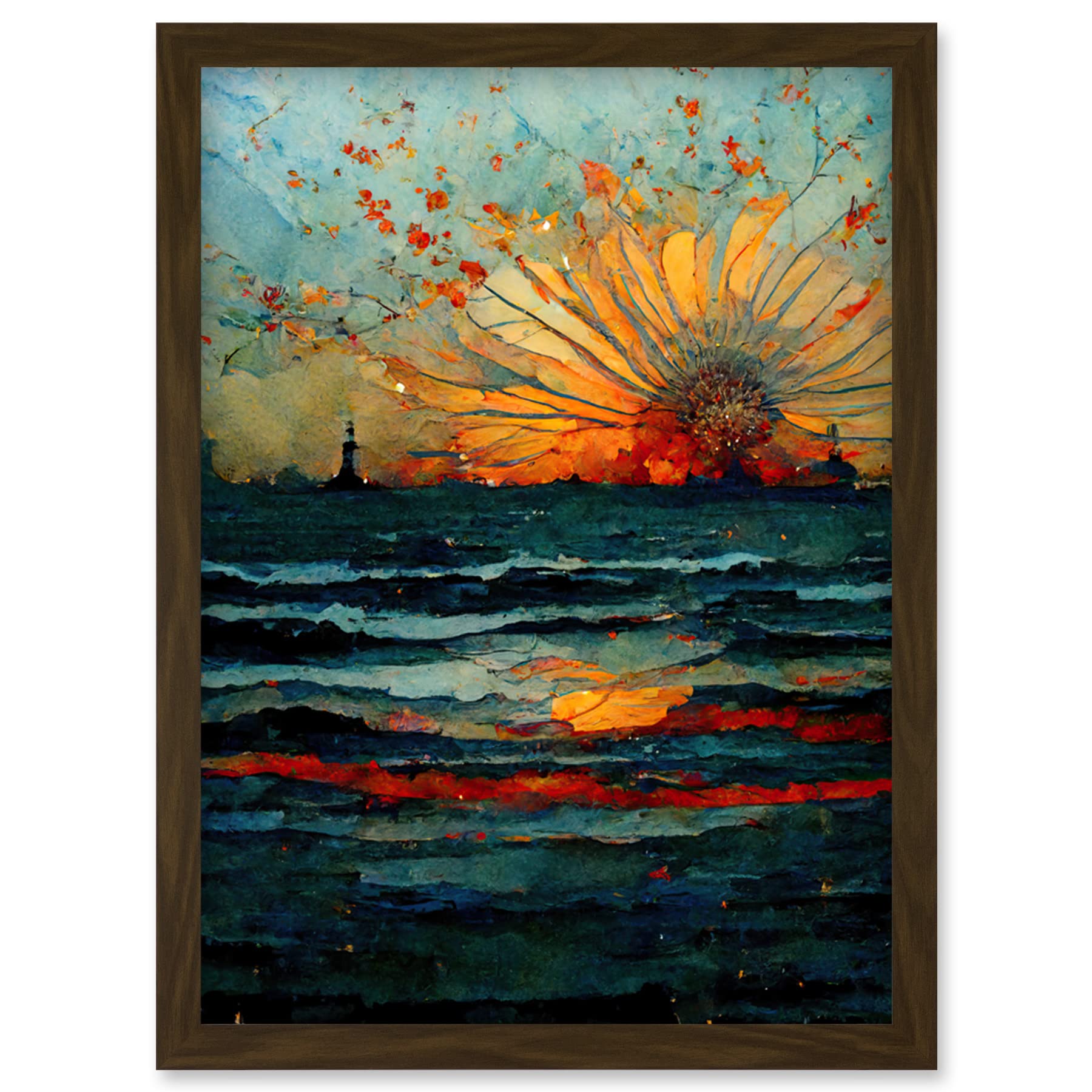 Artery8 Seascape Sunset Port City Waves Horizon Artwork Framed Wall Art Print A4
