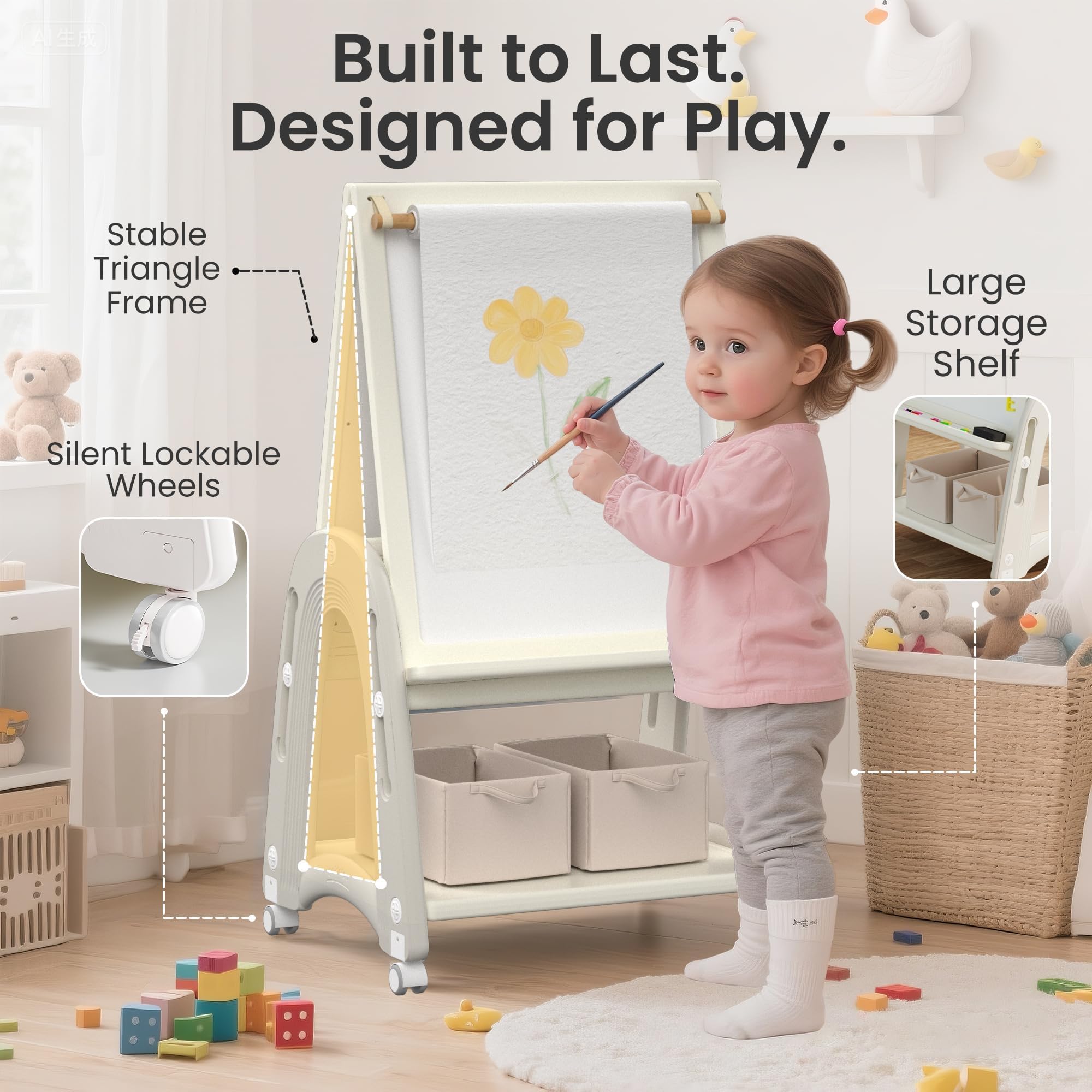 Chevalet Artistique 3-en-1 pour Enfants avec Rouleau de Papier, Tableau Double Face avec Tableau Blanc et Ardoise, Hauteur Réglable, avec Accessoires de Dessin, Blanc