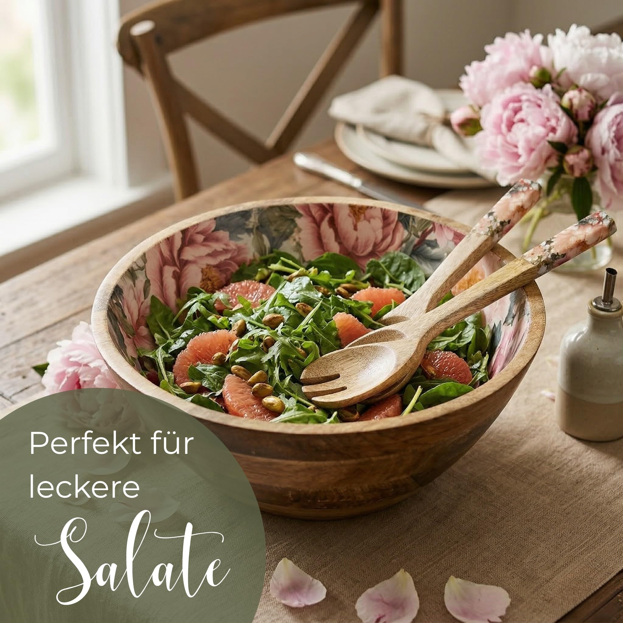 Salat-Set Salatschüssel & Salatbesteck mit Rosen-Design - Servierset aus Holz für Salat & Obst