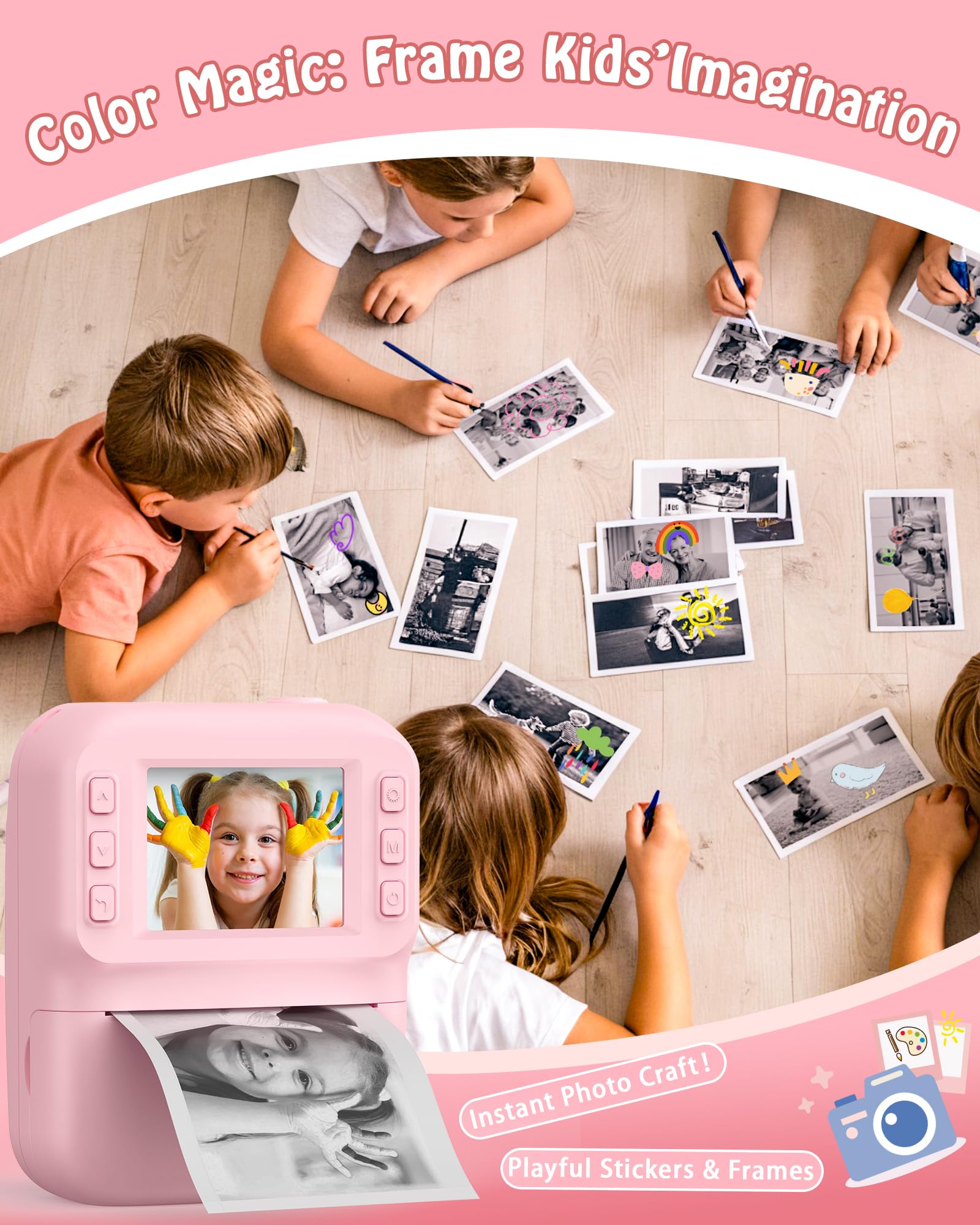 Macchina Fotografica Bambini, Schermo 2.4 HD Pollici e, Scheda da 32 GB e 3 Rotoli di Carta Fotografica, 1080P Macchina Fotografica Istantanea, Adatto Bambini dai 3 ai 12 Anni (Rosa)
