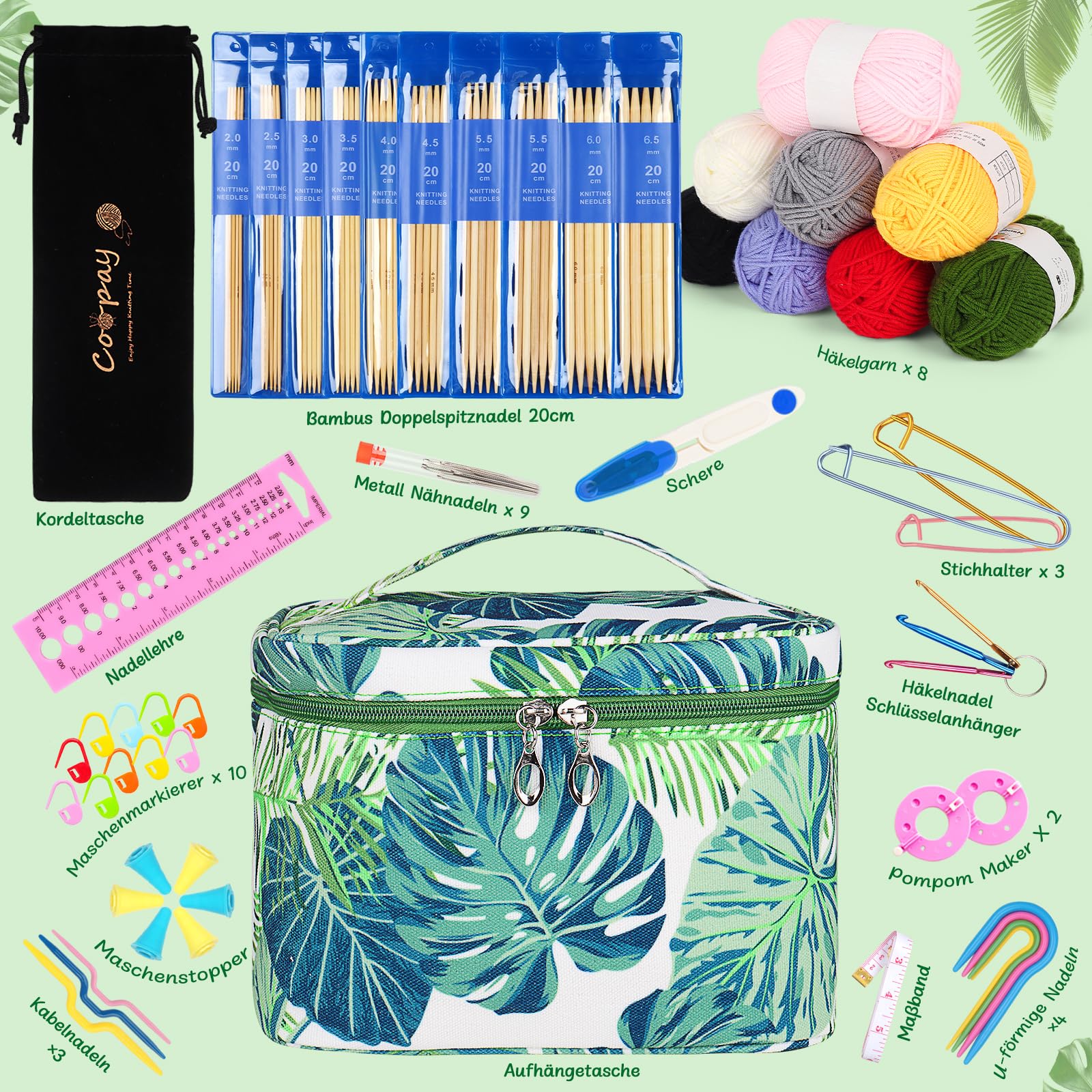 Kit Aiguilles à Tricoter Courtes Coopay - 7 Tailles De 4mm à 10mm, 25cm, Sac Fleuri Inclus