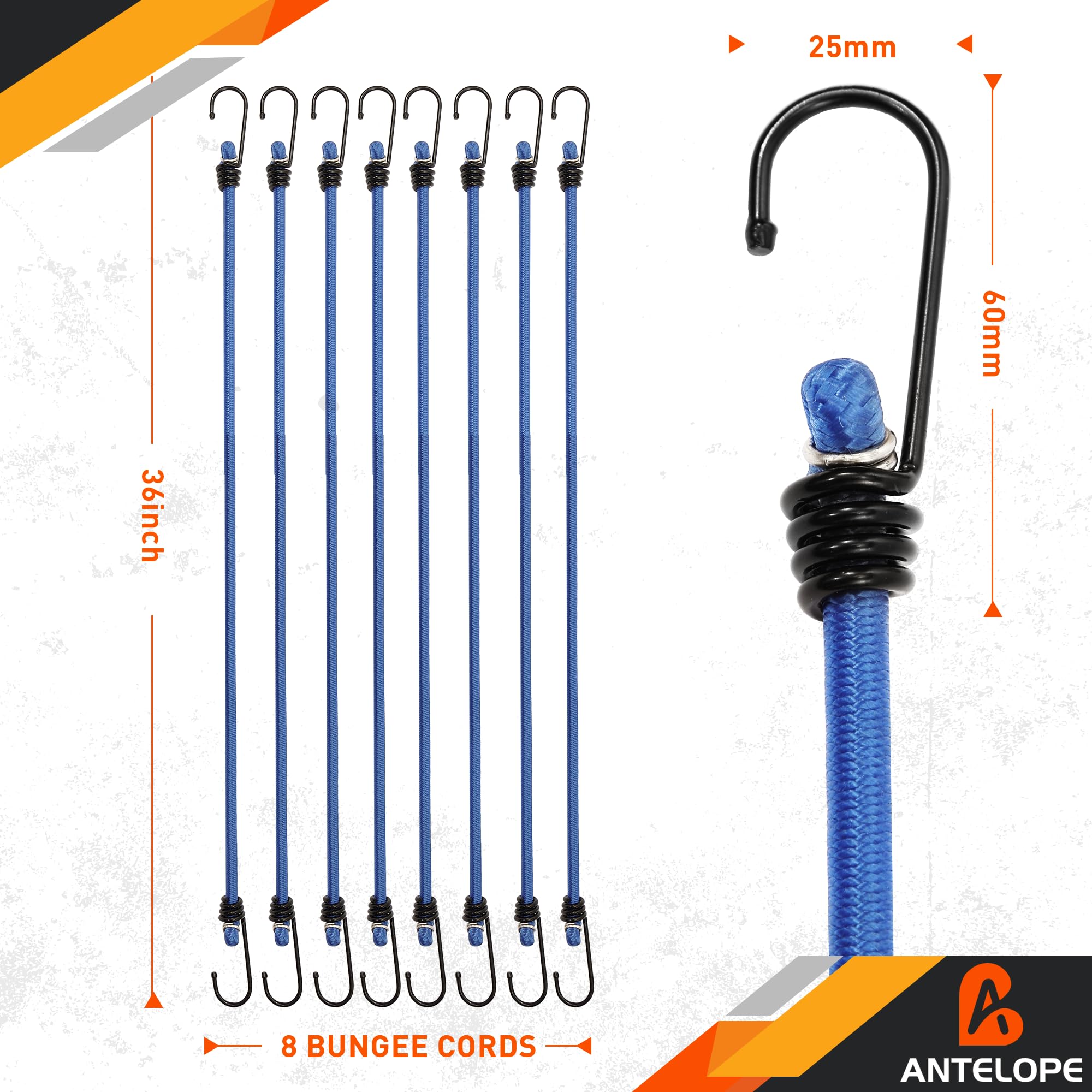 A ANTELOPE Cordones elásticos de 36 pulgadas con ganchos, paquete de 8 de goma resistente de alta calidad con cordones elásticos fuertes para tienda de campaña al aire libre, portaequipajes, camping,