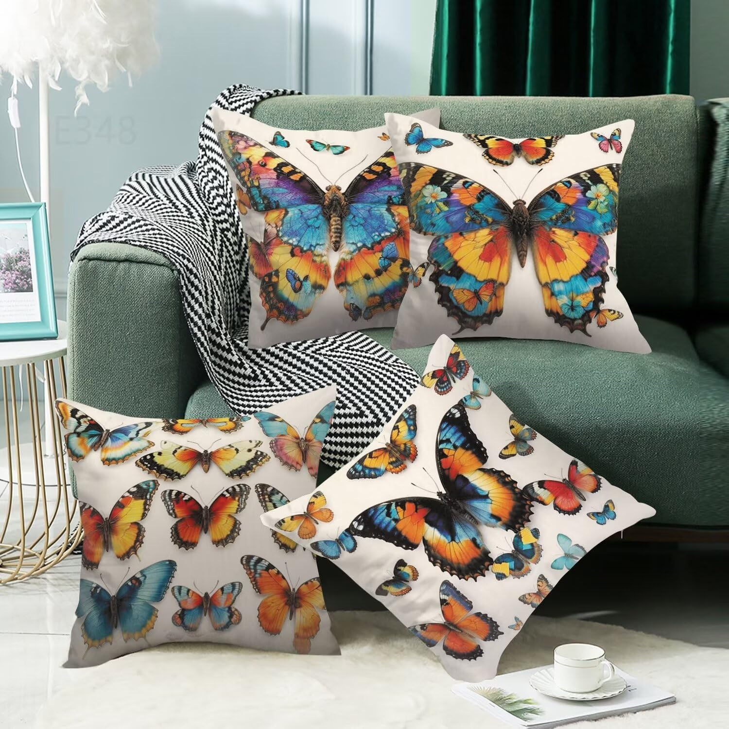 Farfalla Federe Cuscini Divano 60x60cm,4 Pack Giallo Estate Esterno Cuscini per Divano,Doppio Lato Quadrato Morbido Cuscini Divano,per Divano Soggiorno Sedia Autunno Dekoration Cuscino,Regali LY-348
