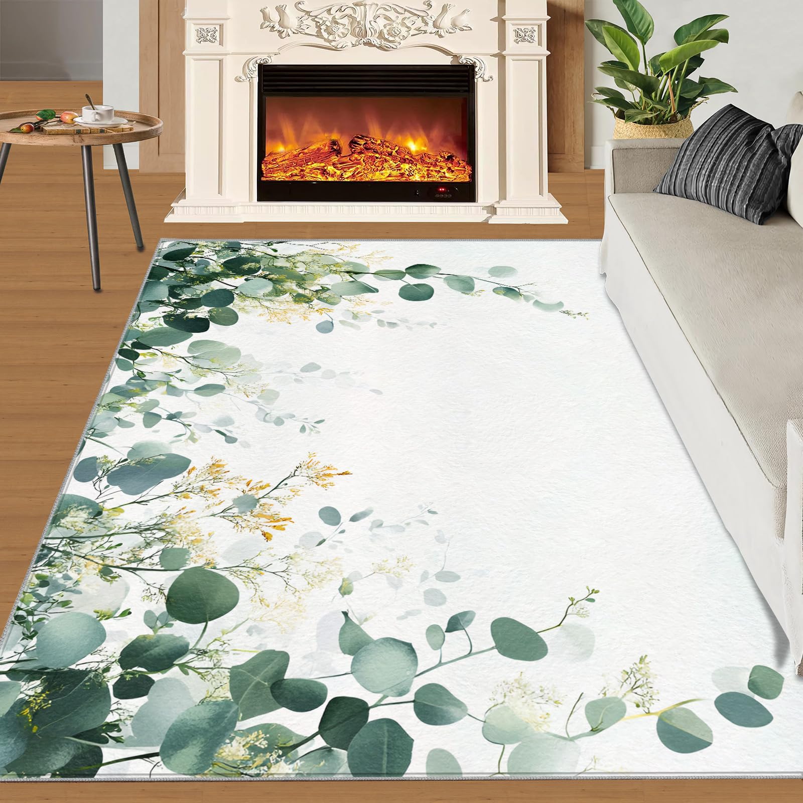 Green Eucalyptus Area Rugs 4x5 - Watercolor Botanical Elegance Rug for Entryway, Minimalist Nature Leaf Washable Entry Way Rugs Kids Carpet for Inside House Playroom Living Room End Table Nursery