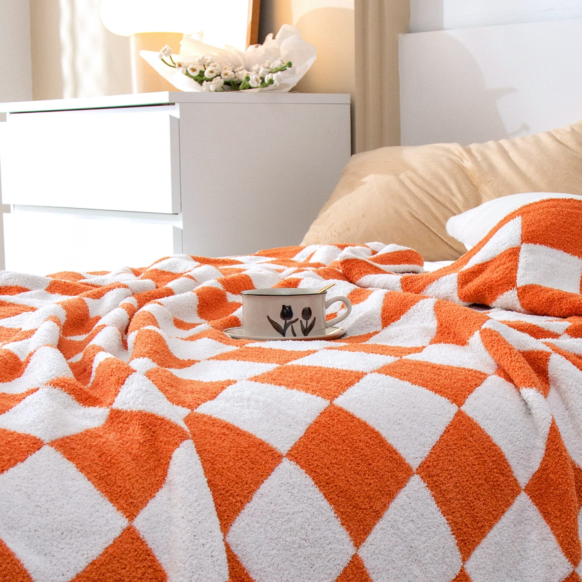 SeaRoomy Manta a cuadros, manta de punto de microfibra suave y esponjosa para sofá cama, cálida y acogedora manta de punto de tablero de ajedrez reversible, decoración de habitación (naranja quemado | Cálida, acogedora, esponjosa, ligera, regalo para muje