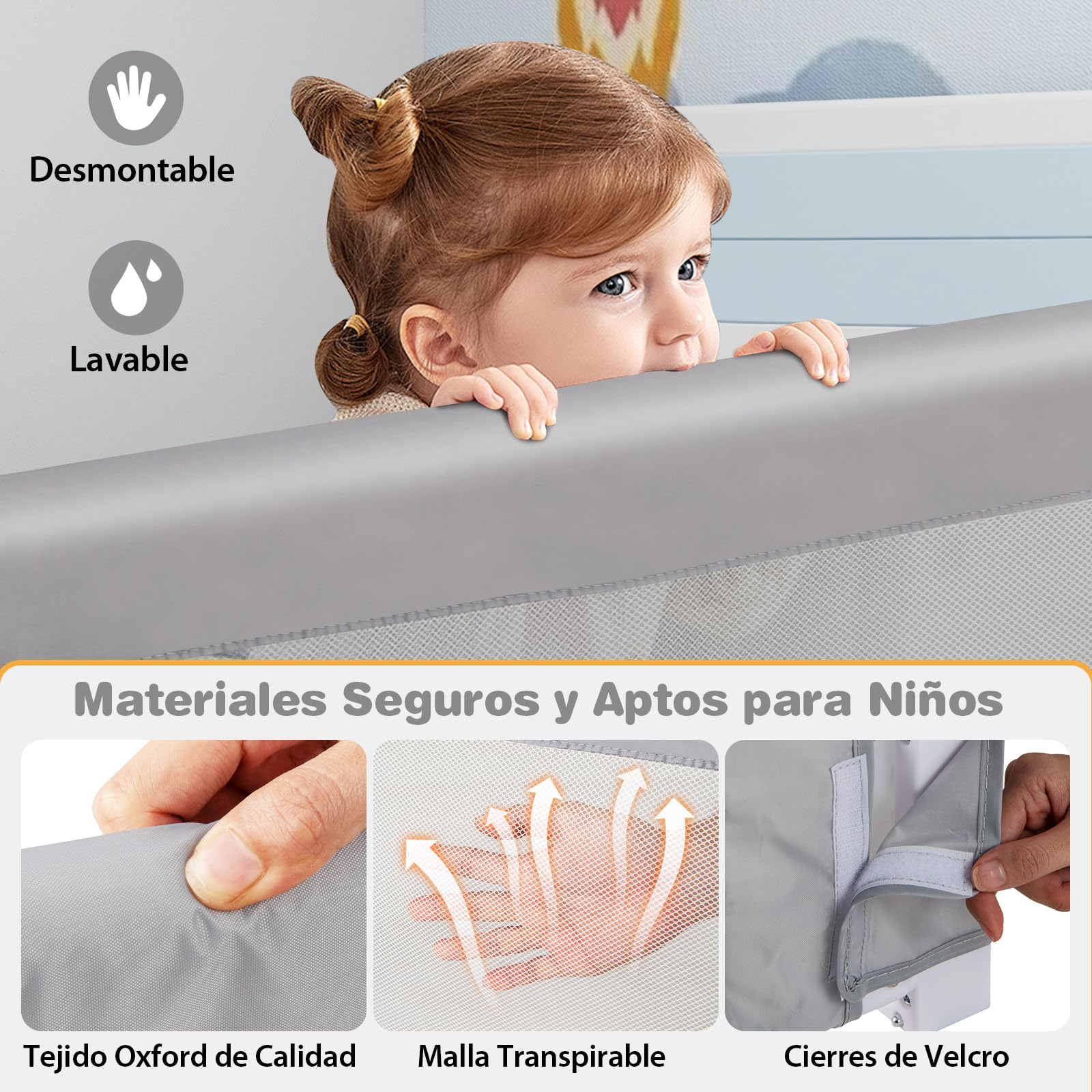 GOPLUS Barandilla Plegable para Cama de Niños Pequeños, Barandilla de Cama para Bebé Abatible con Tela Oxford de Malla, Anclaje, Protector de Seguridad para Cama de Tamaño Gemelo, Queen (Gris Claro)