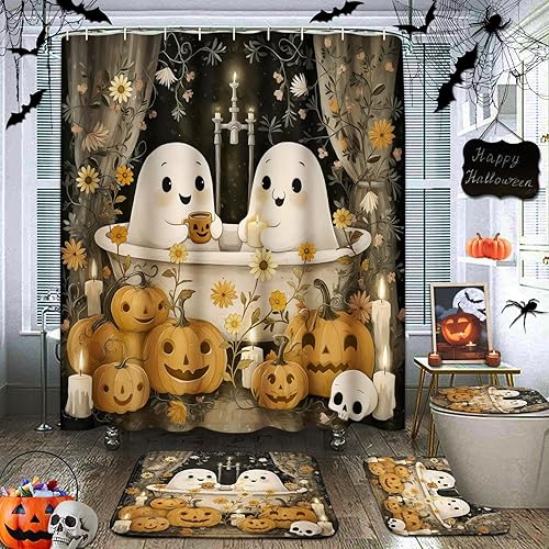 Juego de cortinas de ducha de otoño con tapa de inodoro y alfombras antideslizantes, 4 cortinas de ducha para baño, calabaza naranja, hojas de arce,