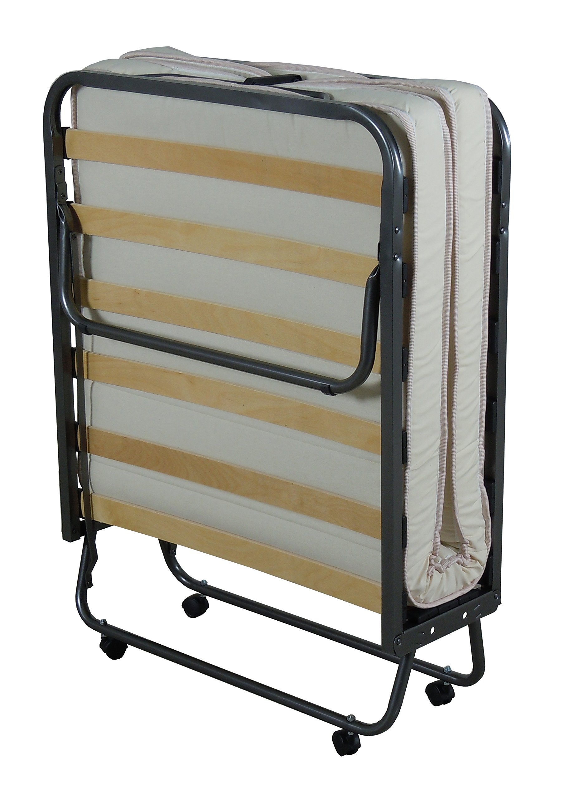 Letto Brandina Pieghevole salvaspazio 80x200 con Materasso singolo da 10 CM con 15 doghe in Betulla/Eucalipto - struttura in Acciaio dotata di rotelle - MADE IN ITALY