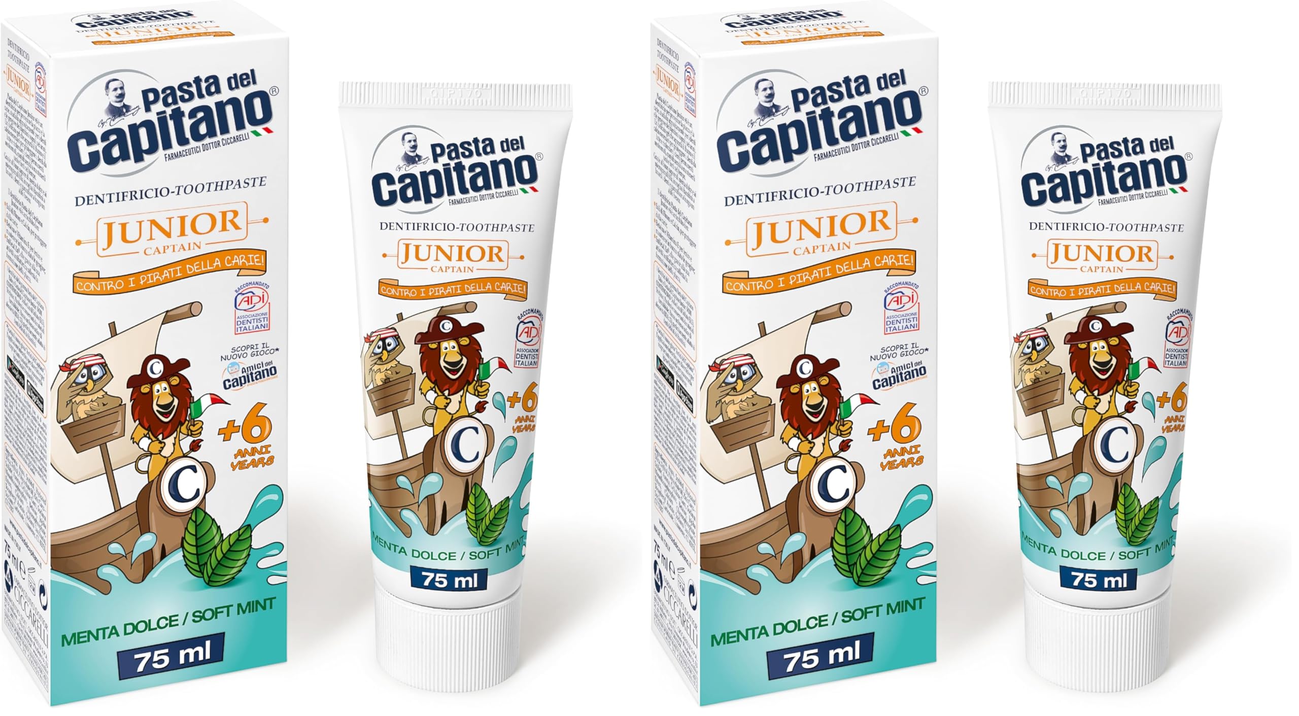 Pasta del Capitano Dentifricio Junior + 6, Menta Dolce, 75ml (Confezione da 2)