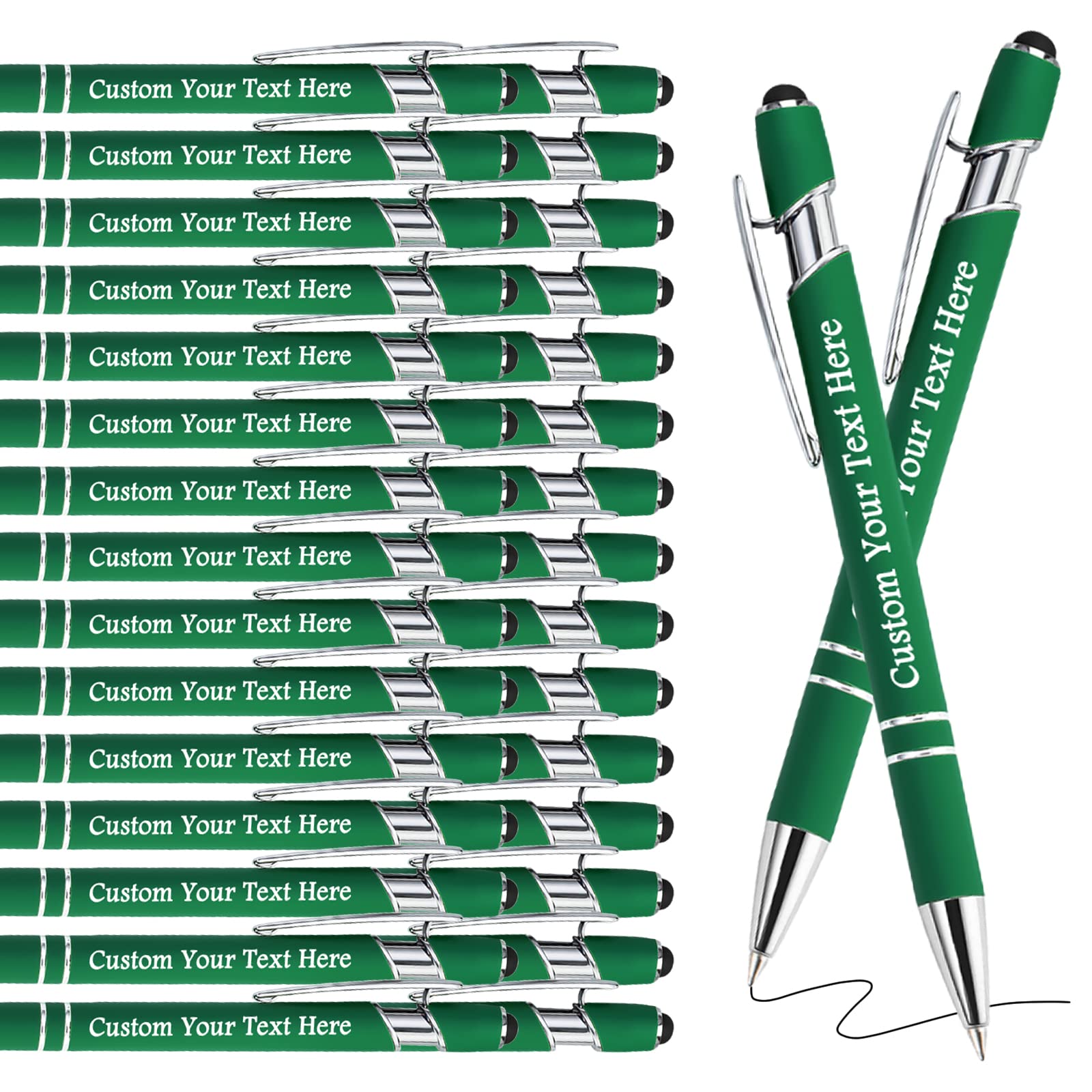 Personalised Pens Bulk Custom Pens with Logo Name 30 Pack Free Engraved Stylus Ballpoint Pens Customised Retractable Pen Message Text Gift for Men Women Black Ink Business Graduation Dark Green