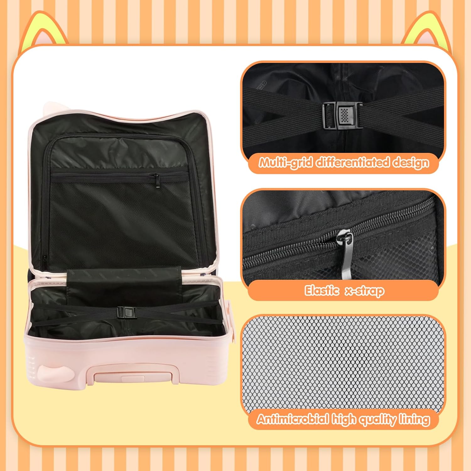 smilesun 20" Ride-On Travel Suitcase for Kids, Cute Ear Toddler Carry on Luggage with Spinner Wheels & Anti-Lose Rope, Children Rolling Trolly Luggage with Password Lock (Pink with Rope)