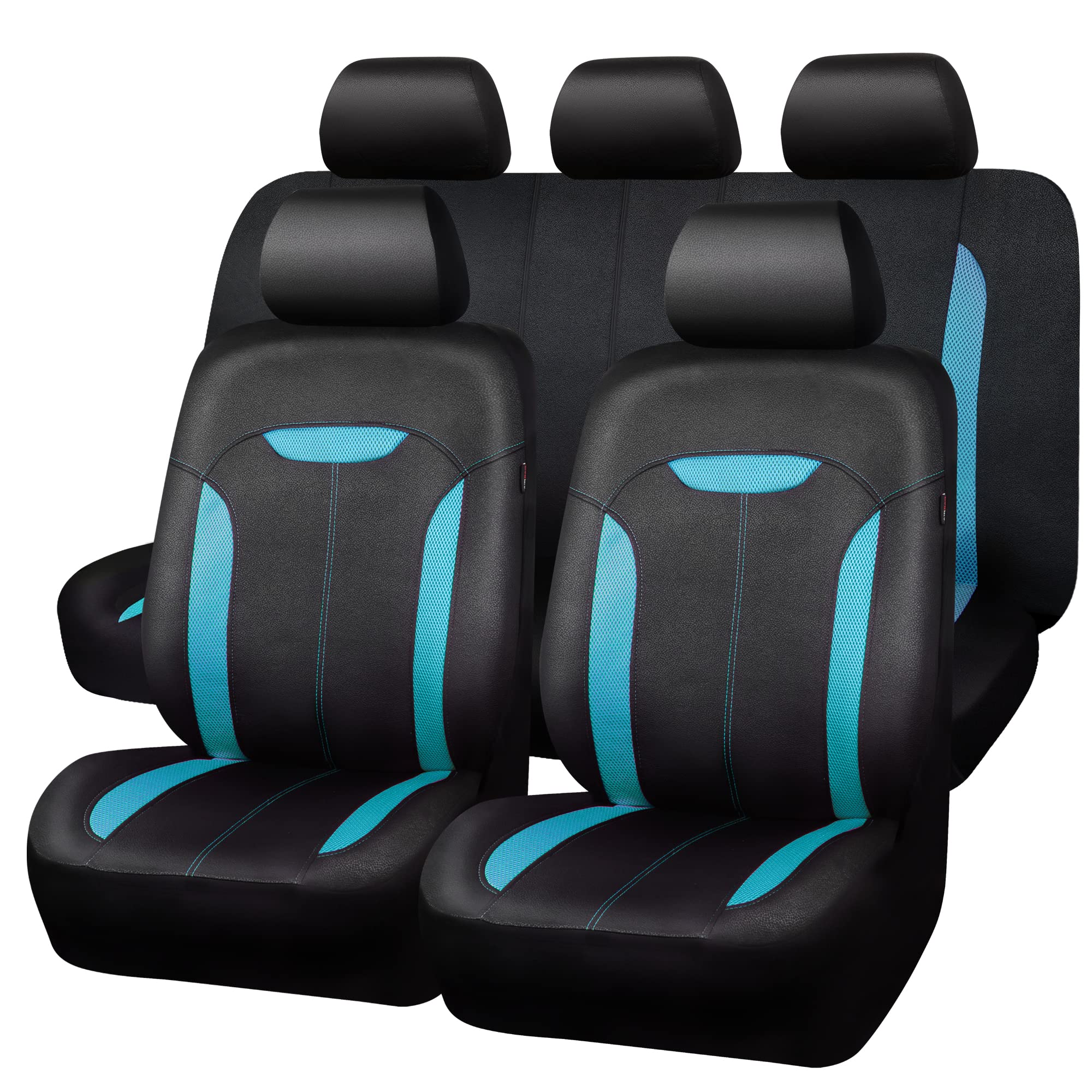 CAR PASS 3D Air Mesh & Cloth Leather Grain Breathable Car Seat Covers Full Set, Universal Fit for 95% Automotive SUV Truck Sedan Van, 3 Zipper Rear Bench Armrest Airbag Compatible Sports, Black Mint