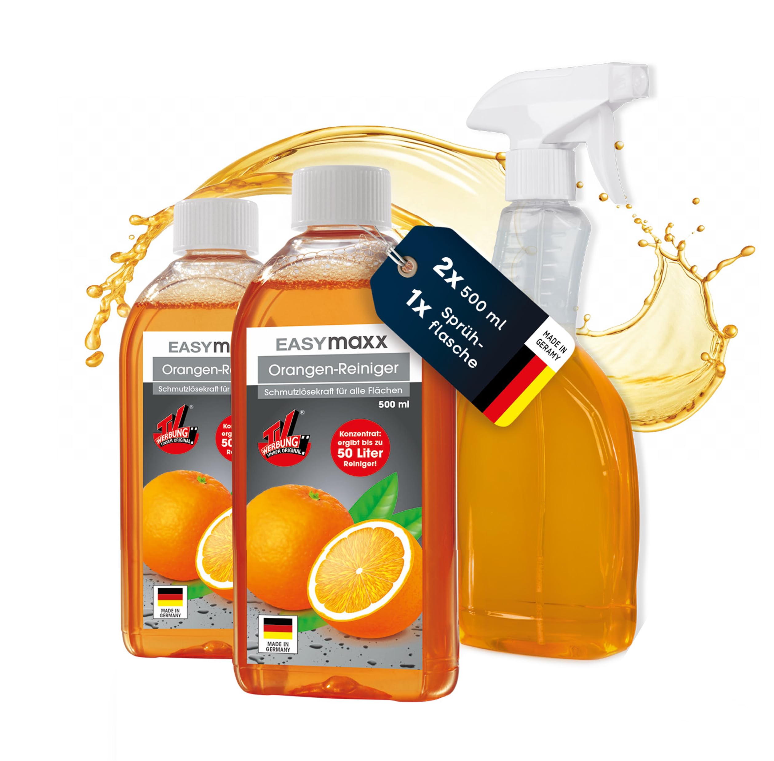 EASYmaxx Reinigungs-Konzentrat Orange 2x500ml Set mit Sprühflasche | Ergibt 100 Liter Allzweckreiniger | Mühelose Reinigung von allen Flächen | Ideal für Kochfelder, Grillroste, Backöfen u.v.m.