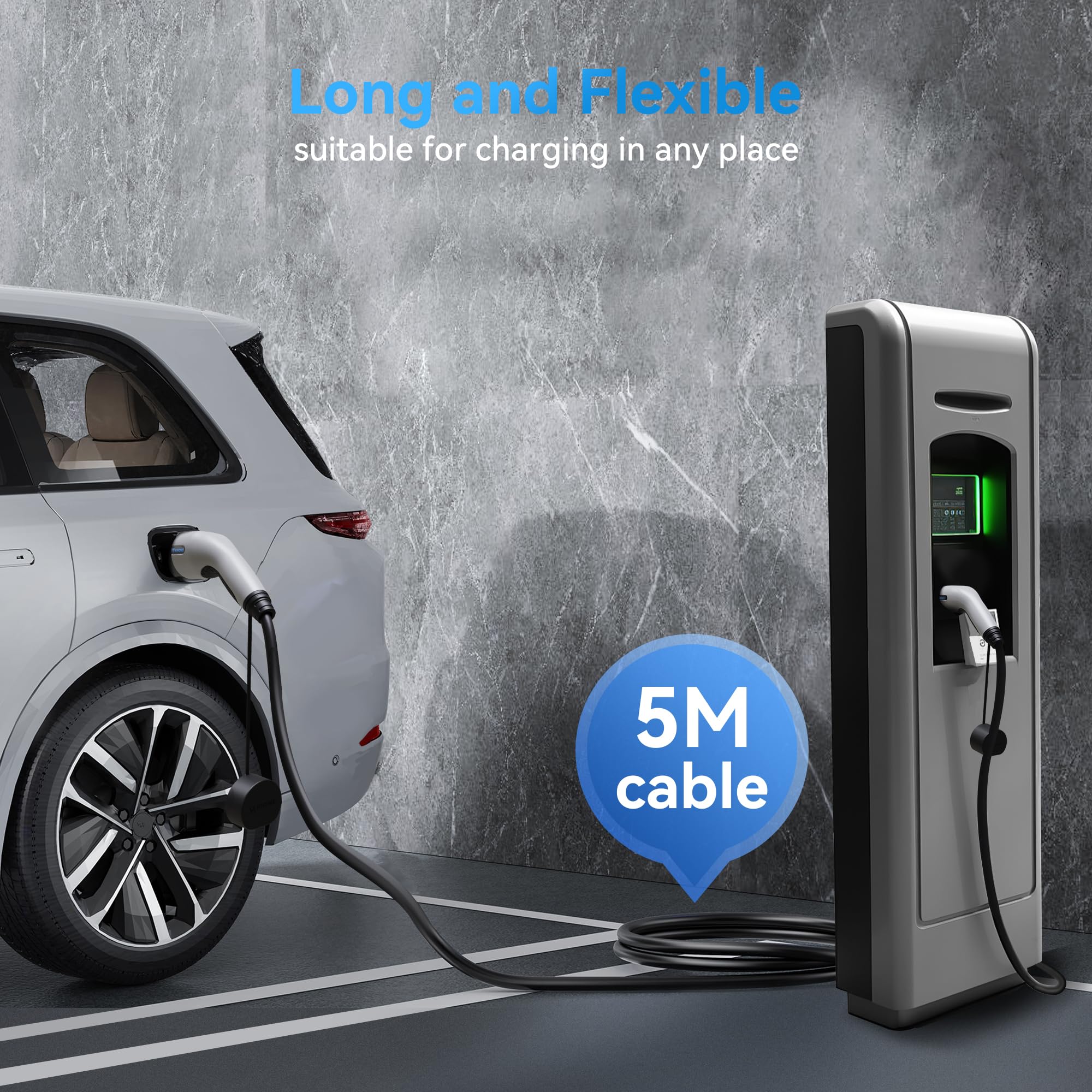 Type 2 Câble Recharge Voiture Electrique 32A 22KW Triphasé Mode 3 Cable Type 2 pour Voiture électrique/EV Hybride, Type 2 vers Type 2 EV Chargeur Cable Compatible avec Tous Les modèles Type 2 (Blanc)