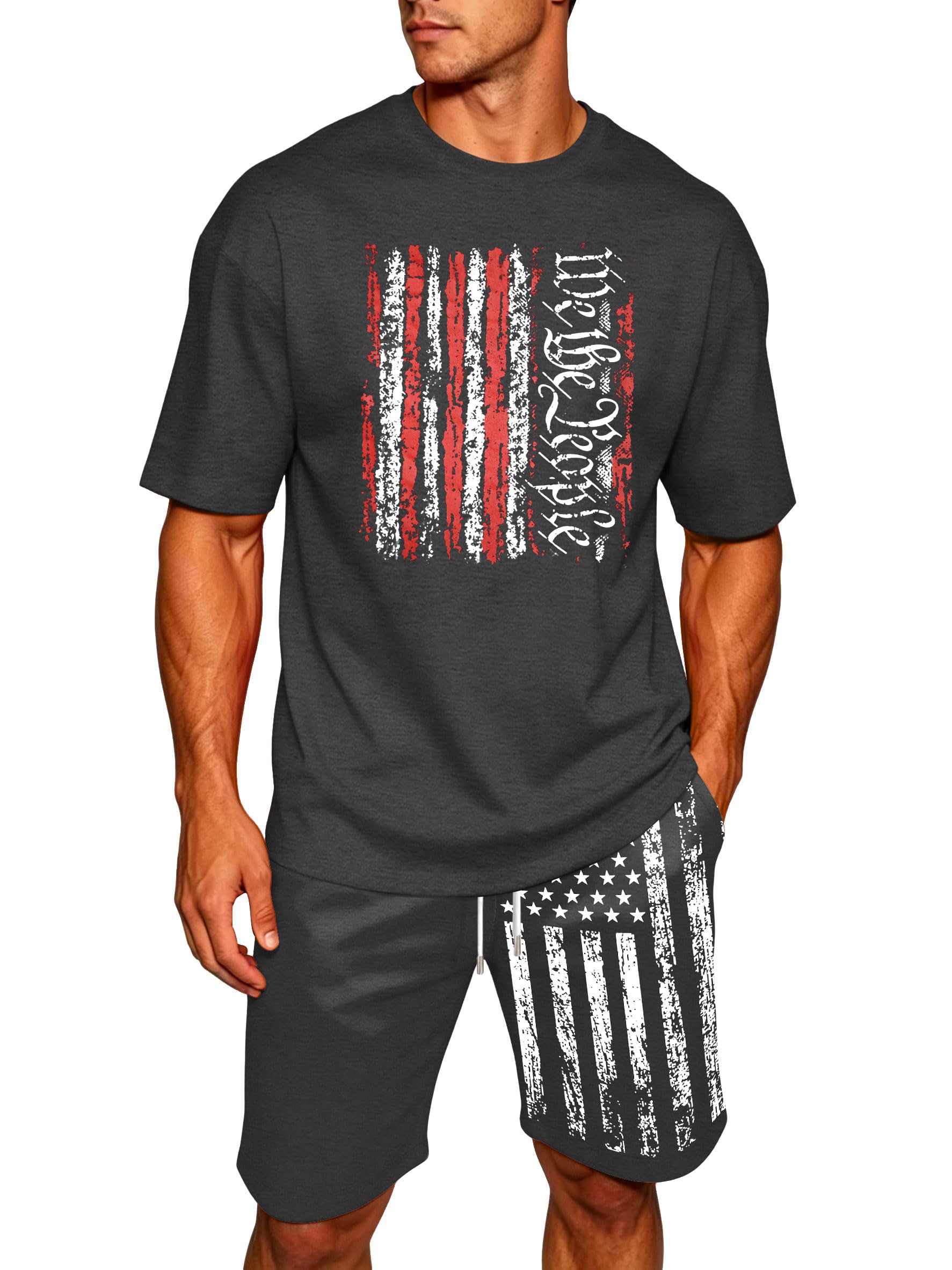 Ithalt Patriotic Shirts for Men 4th of July Outfit 2 Piece Set Short Sleeve and Shorts American Flag 250th Anniversary