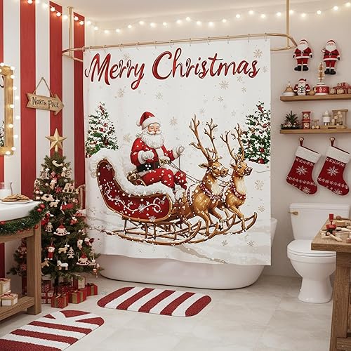 Miniatura 2 de Cortina de ducha con texto en inglés "Merry Christmas", con diseño de Papá Noel, trineo, reno, árbol de Navidad, copo de nieve, invierno,