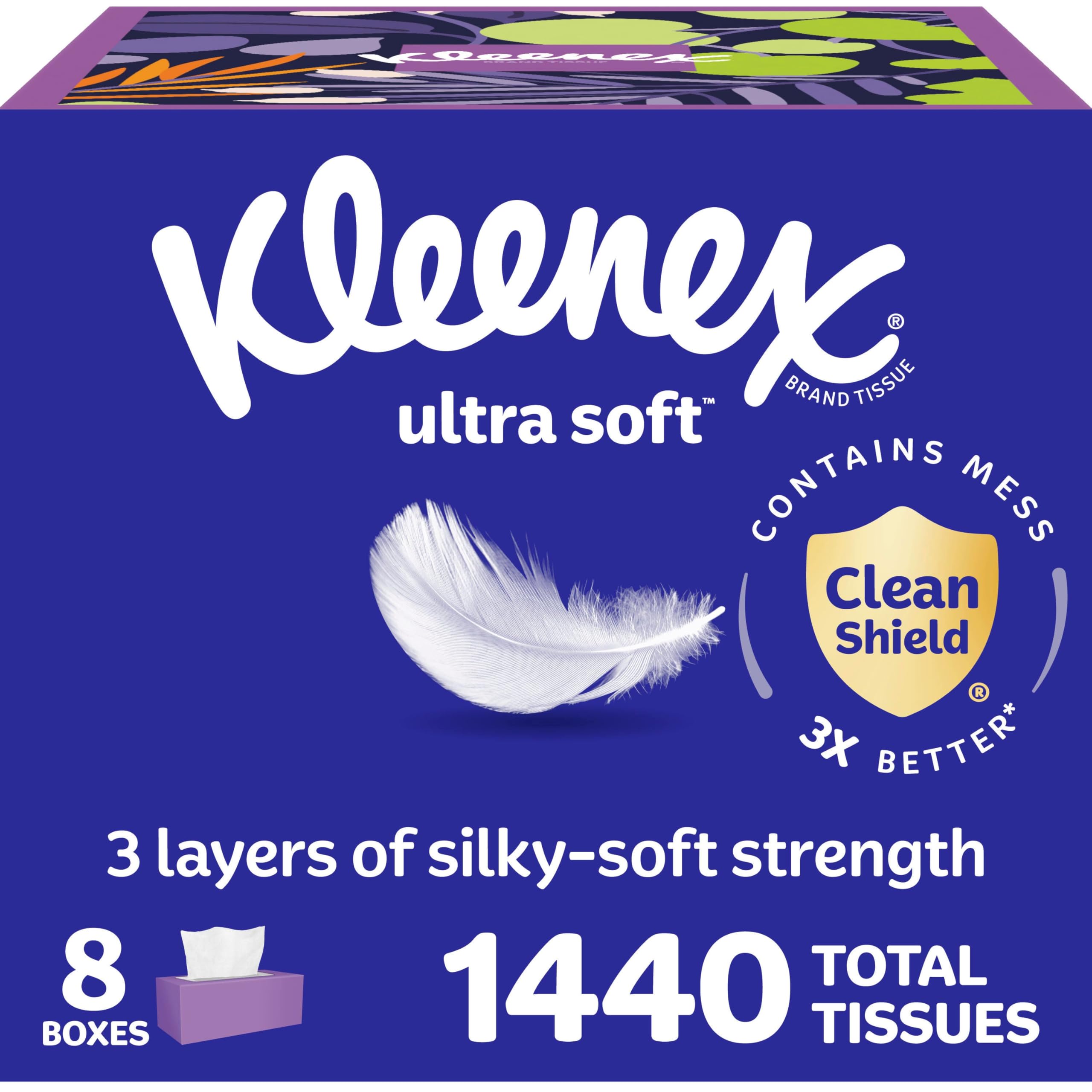 Kleenex Ultra Soft Facial Tissues, 8 Flat Boxes, 180 Tissues per Box, 3-Ply, Packaging May Vary