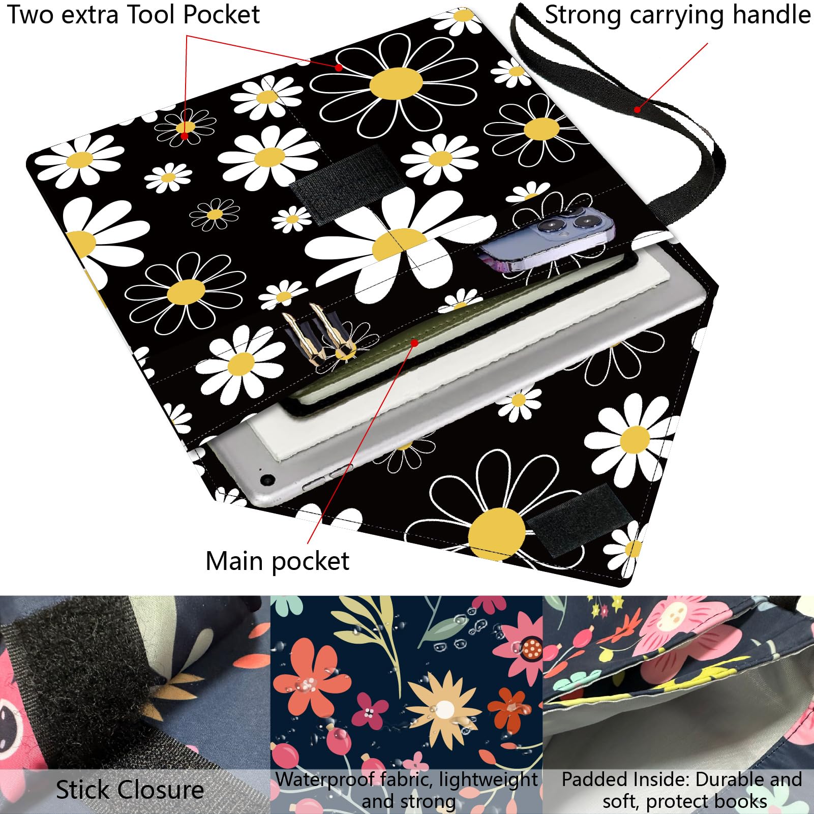 CRASPIRE Daisy Book Covers Flower Book Sleeve 11.6 X 9.3 Inch Book Protector for Paperbacks Washable Fabric Cloth Book Cover with Handle and Extra Sleeve Pocket for Book Lovers Classmate Gifts - Image 4