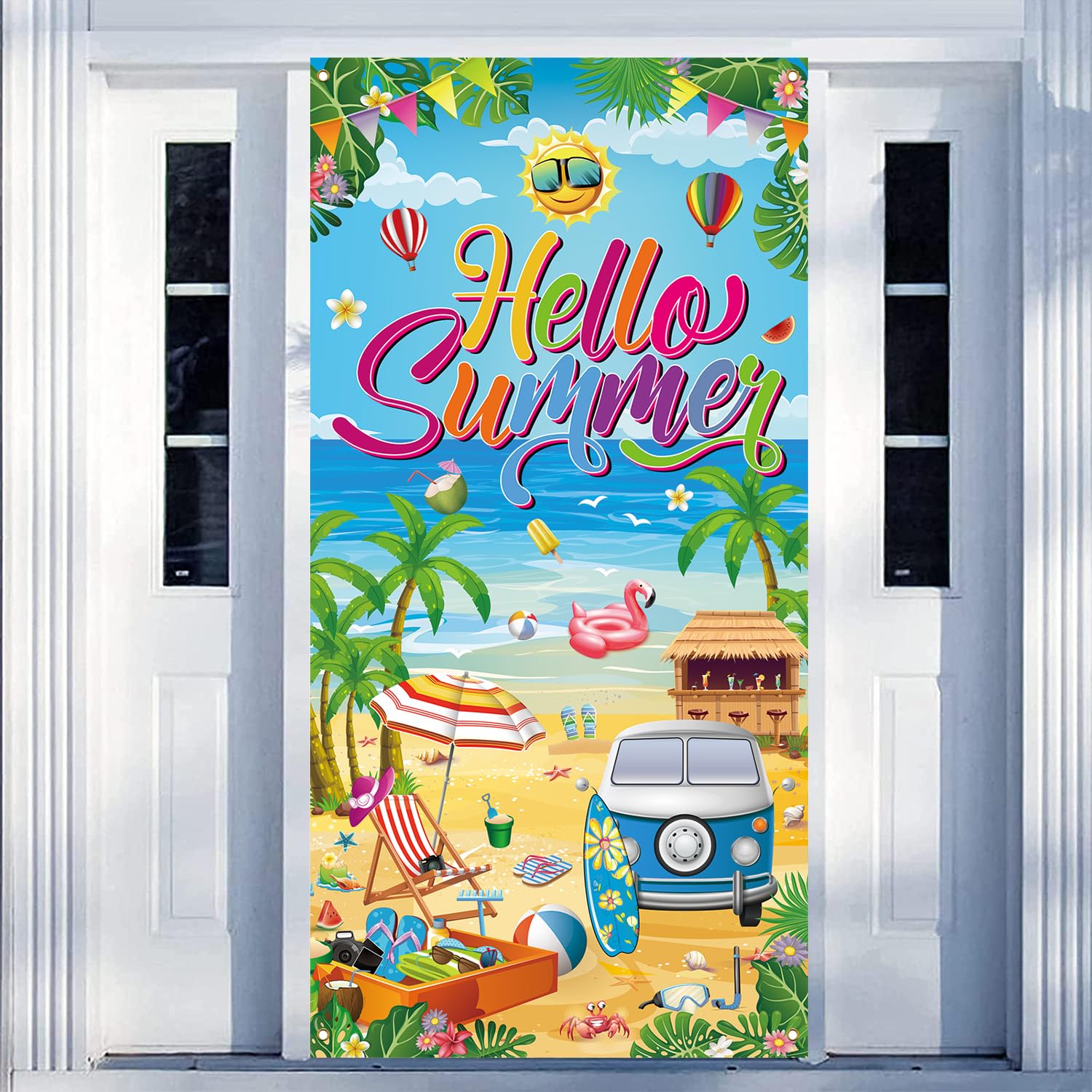 Hello Summer Party Decorations Large Size Summer Beach Door Banner for Summer Party Decorations Supplies, 71 x 35 inch