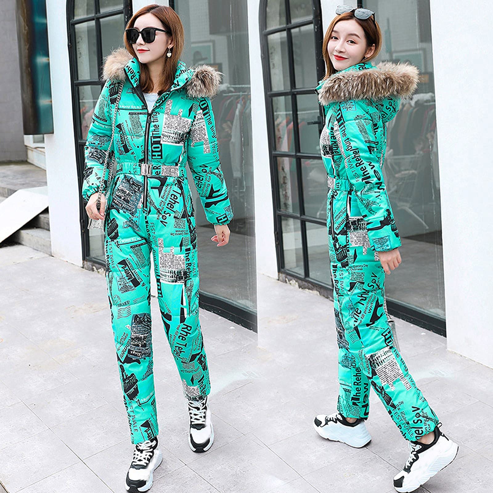 Mono de esquí de invierno estampado para mujer con capucha de piel, impermeable, aislante, resistente al viento, térmico, traje de esquí de una pieza, traje de snowboard transpirable al aire libre,