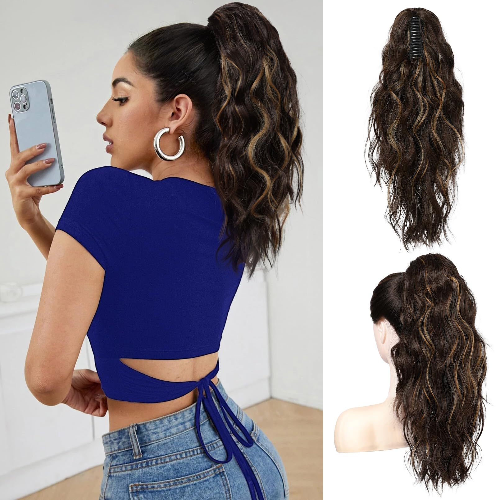 FLUFYMOOZ Ponytail Extension Pferdeschwanzverlängerung, 46 cm Klauenclip Pferdeschwanzverlängerung, gewellte lockige Klauenclip in Pferdeschwanz Haarverlängerungen (Schokoladenbraun mit Highlights)