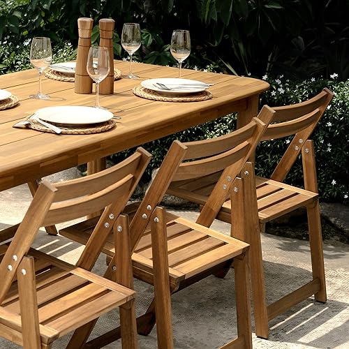 Miniatura 7 de Juego de 2 sillas de madera de acacia, plegables, impermeables, pequeñas sillas de patio con revestimiento impermeable y UV, juego de bistró para