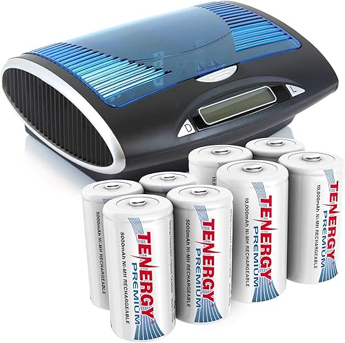 Tenergy Paquete de 8 baterías recargables y cargador C y D, 4xC 4xD y LCD para electrónica profesional de alto rendimiento
