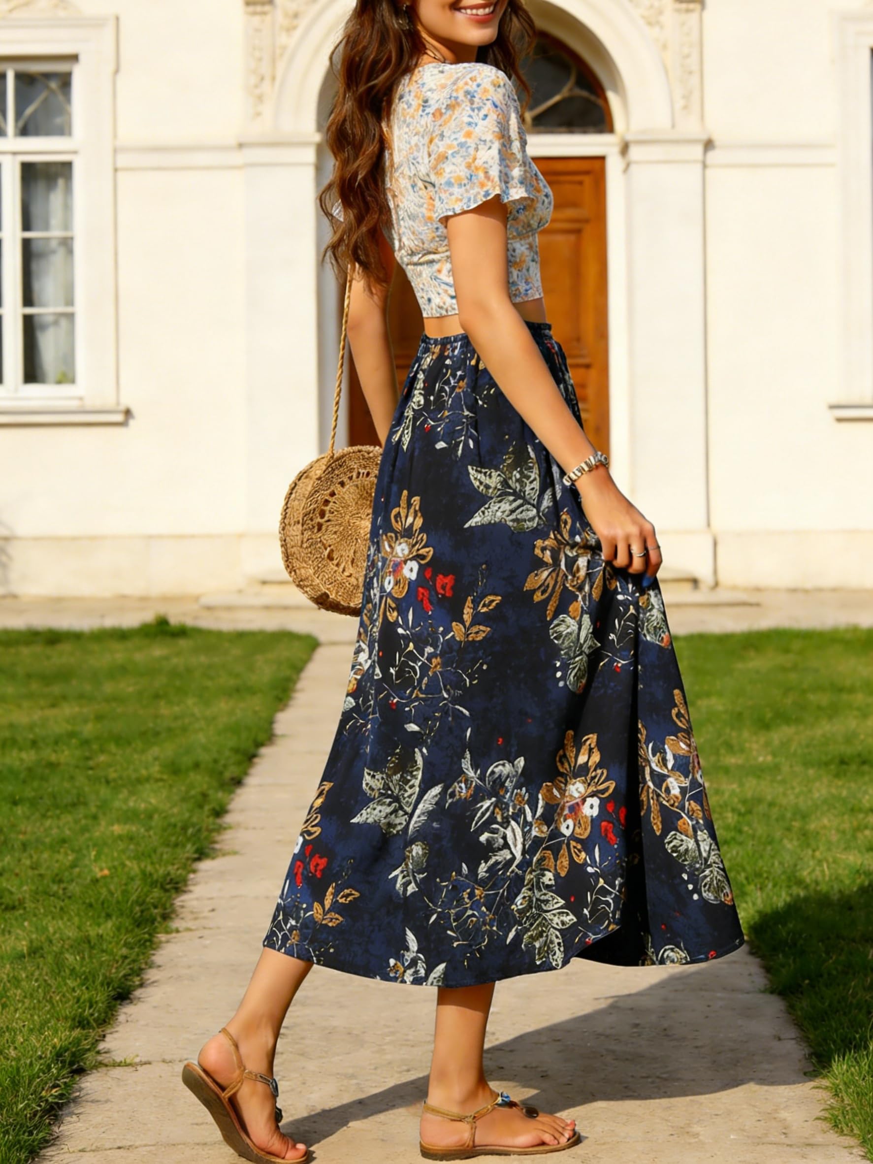 Lunghe Gonne Donna Elegante a Vita Alta Maxi Gonna con Coulisse Casual Trapezio Gonne Elastiche Skirt A Trapezio Gonne da Spiaggia
