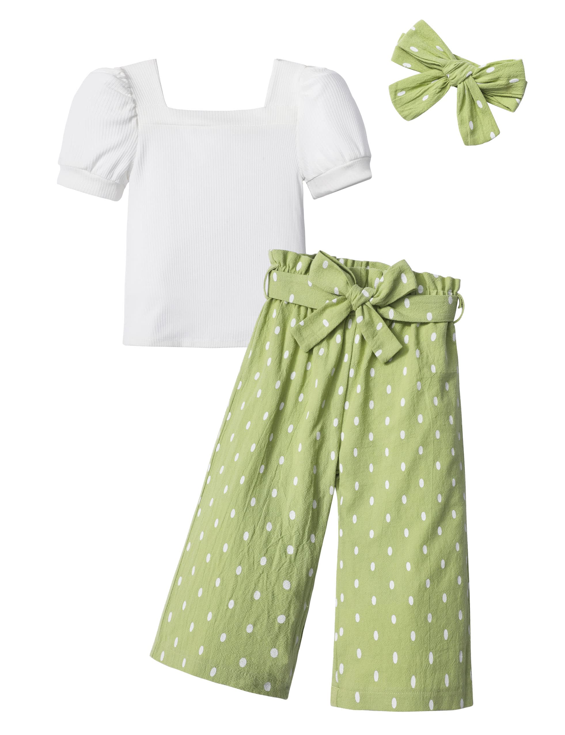 DONWEN Toddler Kids Girl Clothes Square Neck Shirt Top Stylish Pants Headband 3pcs Spring Summer Girl Outfits Set