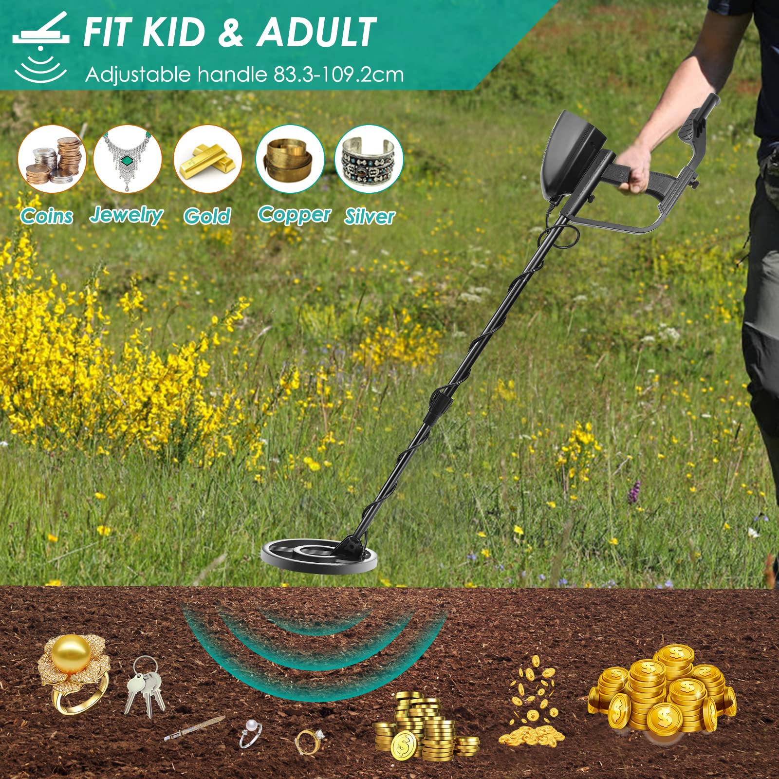Detector de Metales con 2 Baterías, Ajustable Longitud de 84-110 cm, Detector de Metales Impermeable de Alta precisión con Pantalla LCD para niños y Adultos