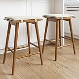 Nathan James Barker Counter Height Solid Wood Barstool with Upholstered Cushion, Backless Island Stool with Rubberwood Legs and Natural Textured Linen Upholstery for Kitchen, Brown/White, Set of 2 Medium Brown/White Boucle Counter Height - Set of 2