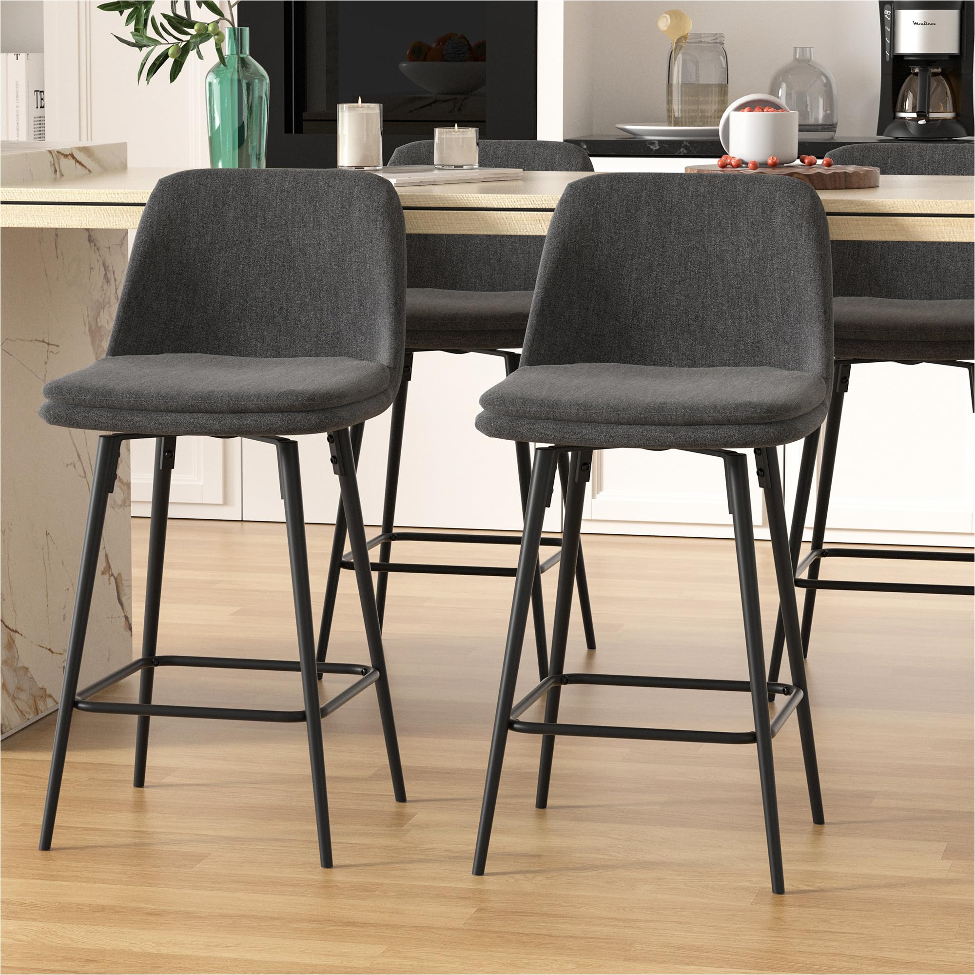 Forevich Bar Stools Counter Height Swivel Modern Upholstered Fabric Kitchen Chairs with Armless Metal Legs for Kitchen Island, Dining Room Dark Grey Set of 2